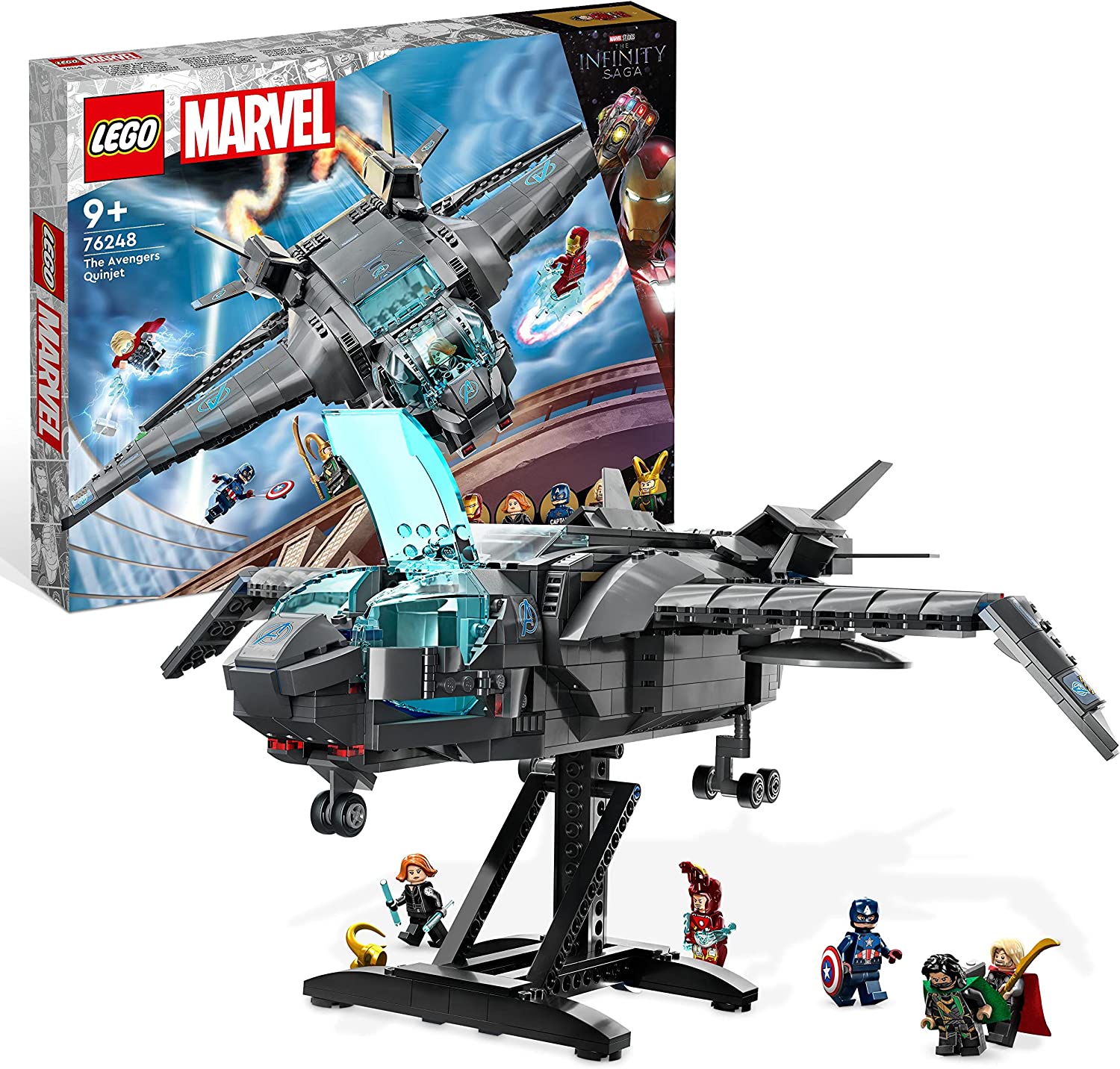 LEGO 76248 Marvel The Quinjet of the Avengers Toy Superhero Spaceship with Thor, Iron Man, Black Widow, Loki and Captain America Mini Figures