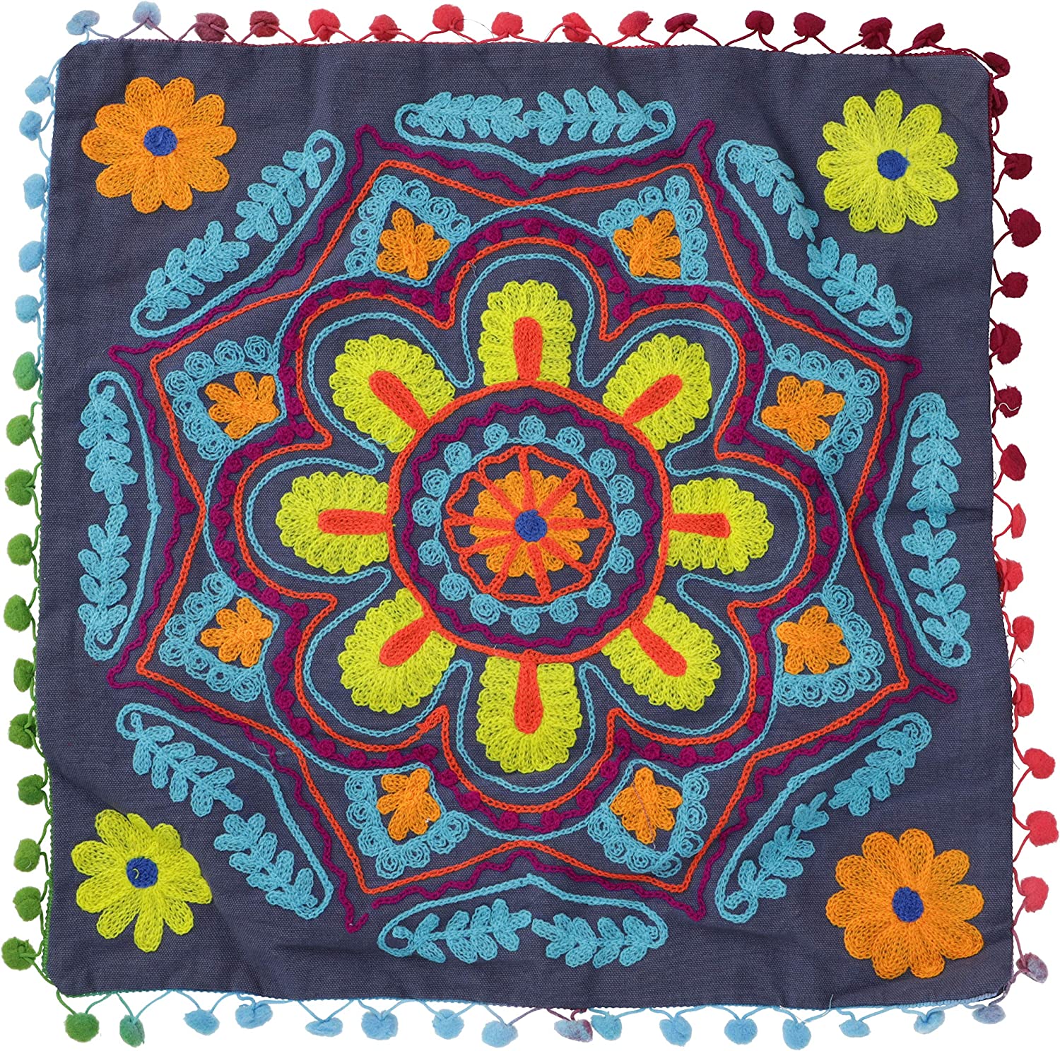 GURU SHOP Boho Cushion Cover, Colourful Embroidered Folklore Cushion in Mexican Style - Pigeon Blue/Yellow, Cotton, 40 x 40 cm, Decorative Cushion, Sofa Cushion