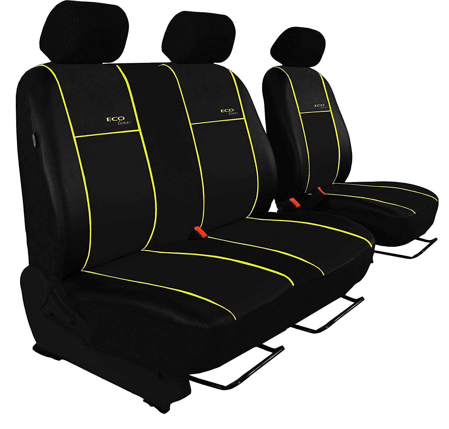 Custom Fit Seat Cover for T5 Transporter Driver\'s Seat + 2 Passenger Bench Design Eco-Line. It has a Yellow Fin