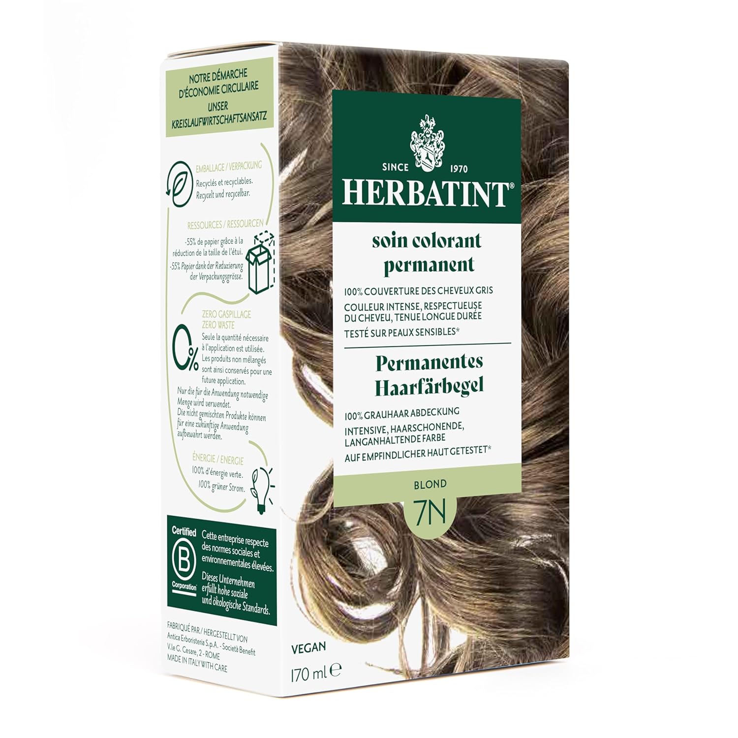 Herbatint Permanent Hair Dye Gel 7N Blonde - 170 ml I No Ammonia, 100% Gray Hair Coverage I Tested for Sensitive Skin with 8 Plant Extracts