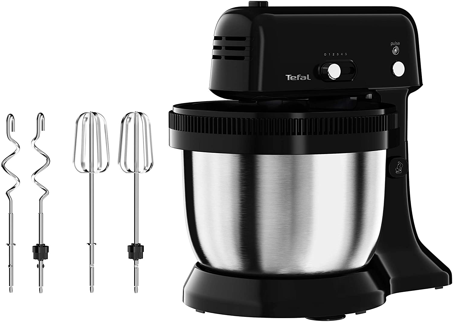 Tefal QB1108 Oh My Cake Food Processor | 300 Watt | Satellite Mixer | 4L Stainless Steel Bowl | Compact Size | 5 Speeds | Includes 2 Whisks, 2 Dough Hooks | Black