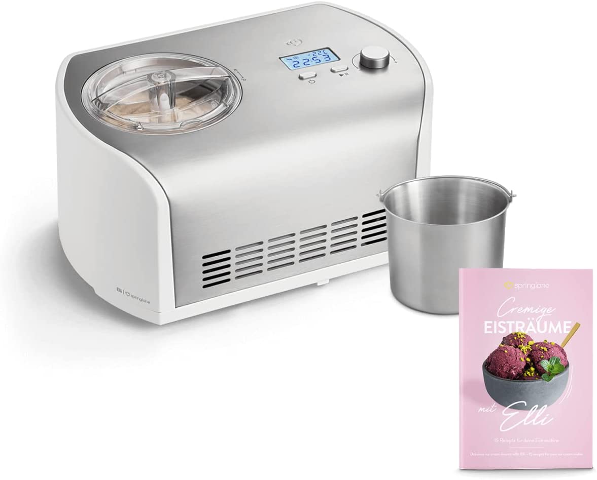 Springlane Kitchen Elli 1.2 litre ice cream maker with self-cooling compressor, 135 watt, made of stainless steel with removable ice container, incl. recipe book (English language not guaranteed)