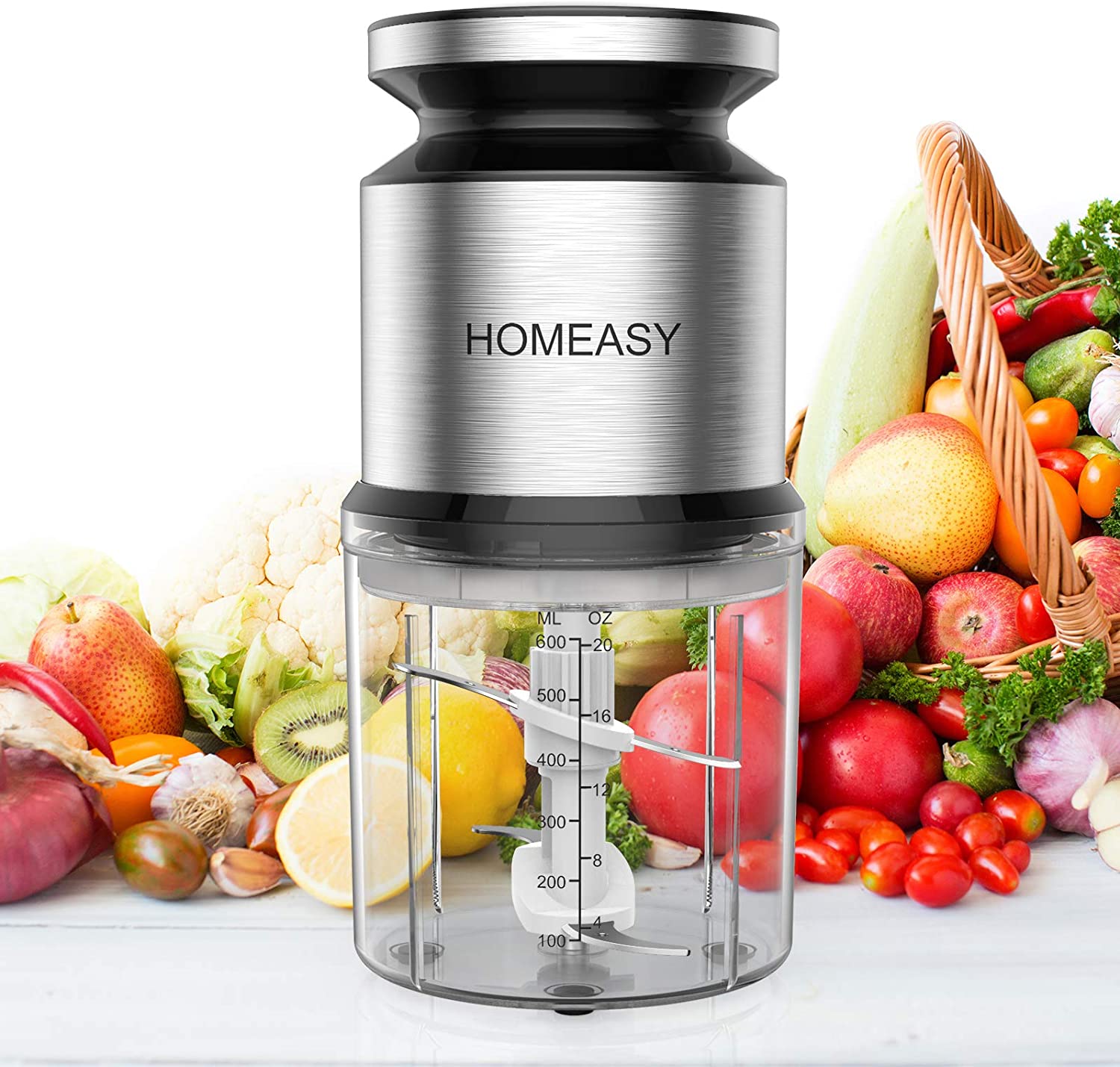 HOMEASY Chopper 0.6 L Universal Chopper 300 W Electric Onion Cutter Handy Mini Multi Chopper with 4 Blades for Meat, Onions, Fruit, Vegetables