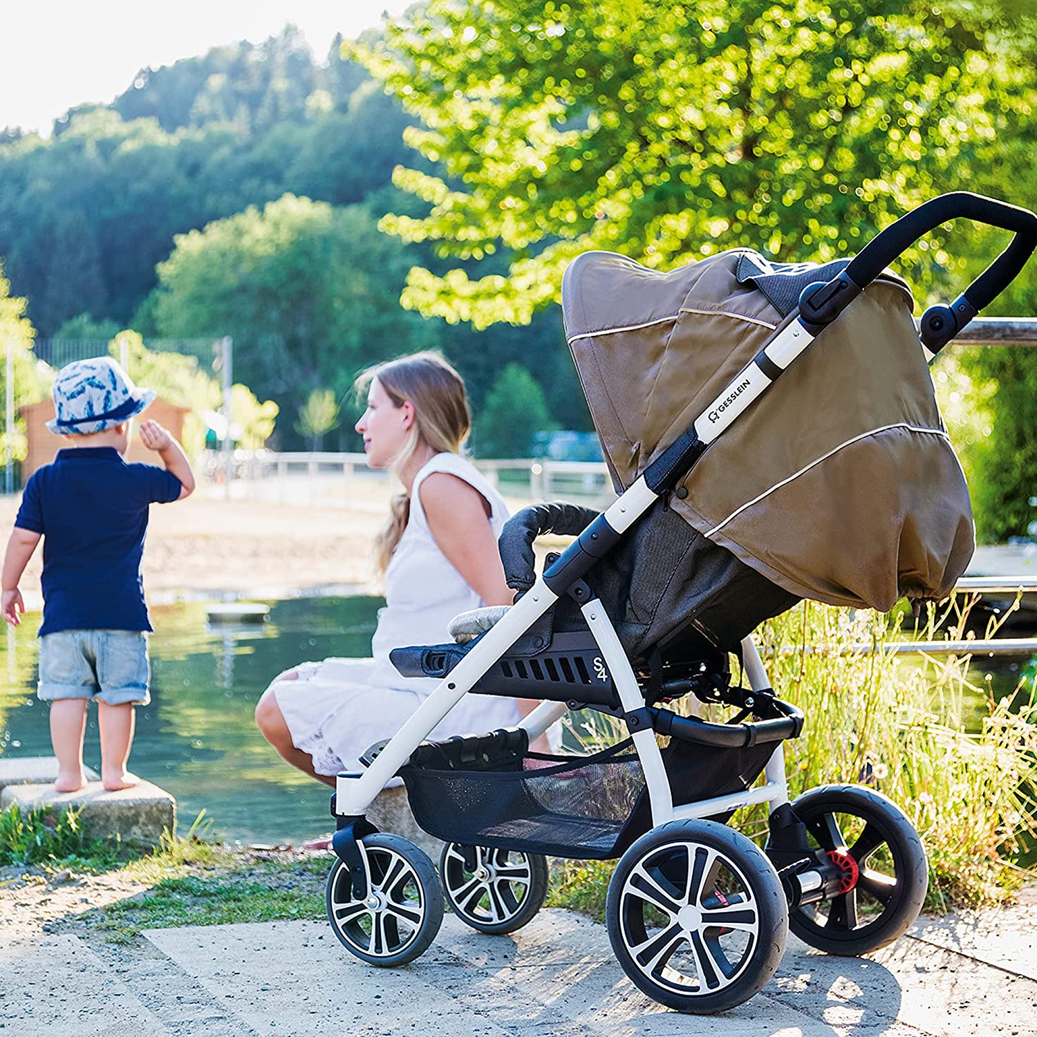 Gesslein S4 Buggy S4 Air+ Design 353 with Reclining Function, Small Foldable, for Large Children up to 25 kg, Vegan Leather Slider, Cognac Height-Adjustable, Pushchair