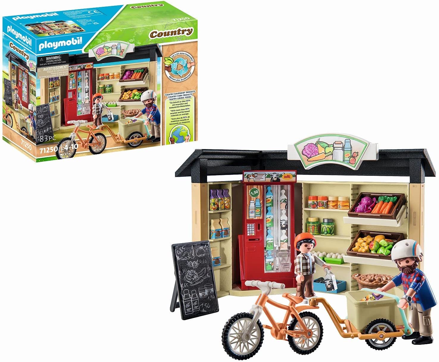 Playmobil Country 71250 24 Hour Farm Shop Bicycle With Trailer Food Shop for Organic Farm Sustainable Toy for Children from 4 Years