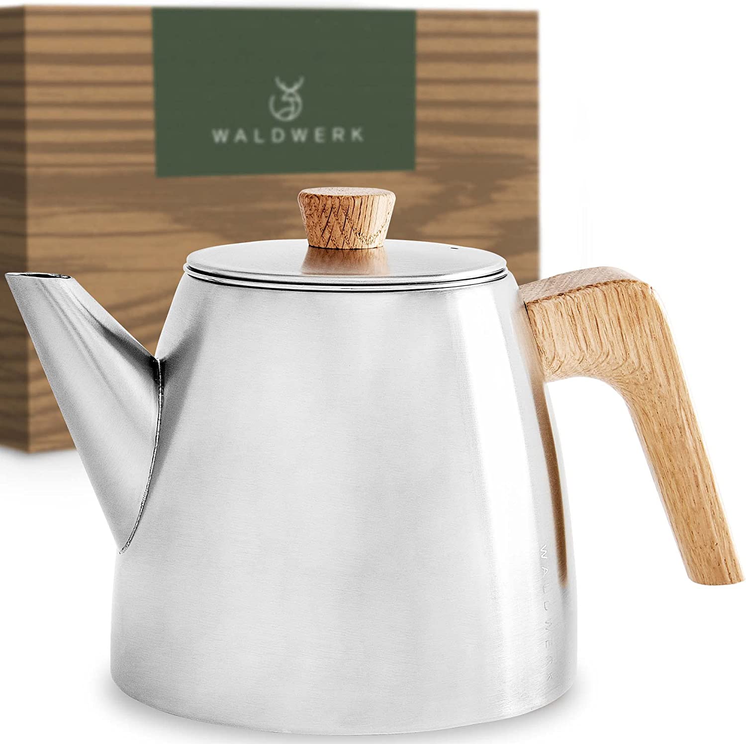 WALDWERK Teapot with Strainer Insert, Thermal Double-Walled Teapot with Strainer Made of 304 Stainless Steel, Tea Maker with Real Oak Wood Handles, Tea Pot 100% Drip-Free