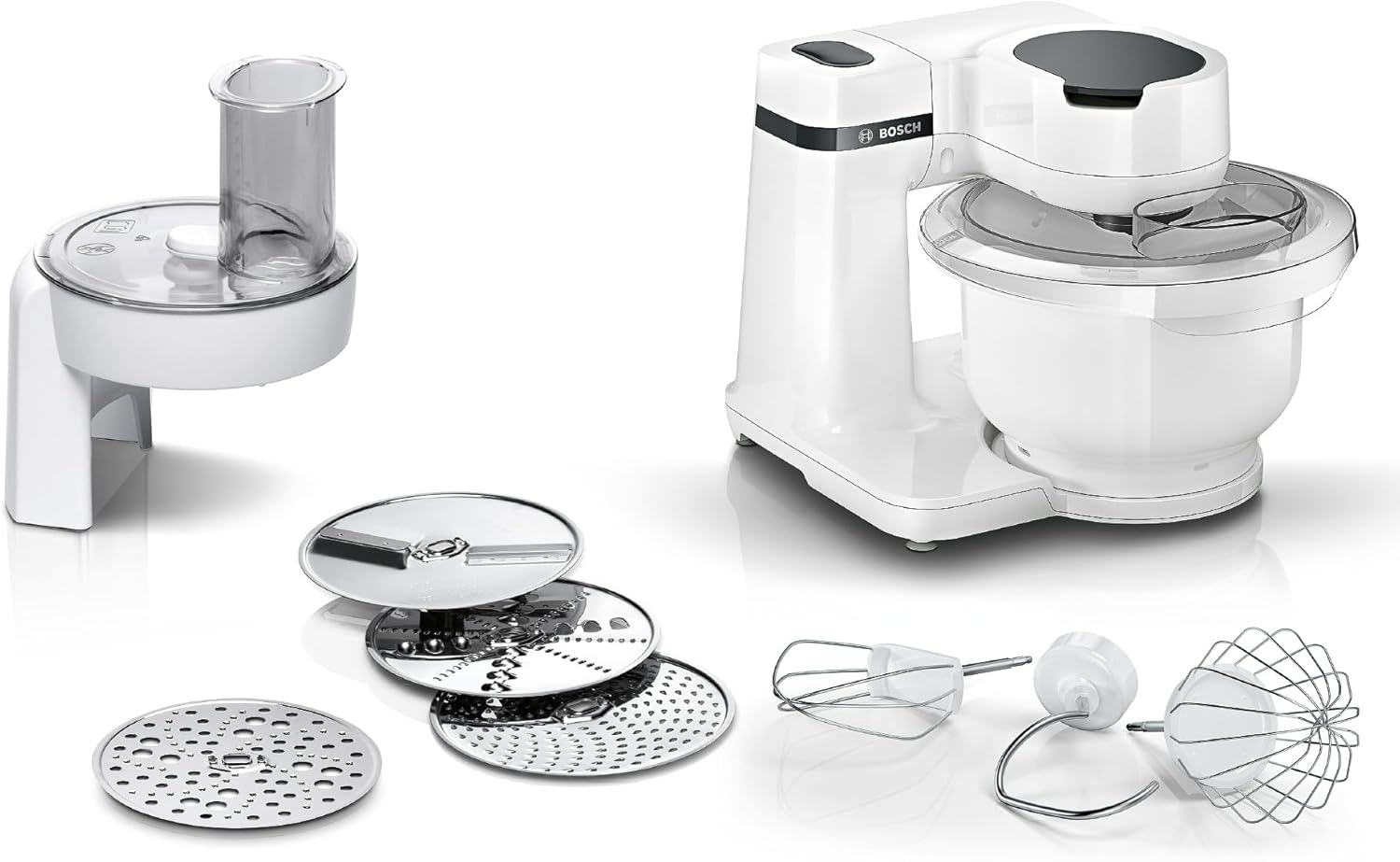 Bosch MUMS2AW01 Series 2 Food Processor 3.8 L Plastic Bowl, Continuous Shredder, 4 Slices, 4 Levels, Dough Hook/Whisk/Whisk, Dishwasher-safe, 700 W, White