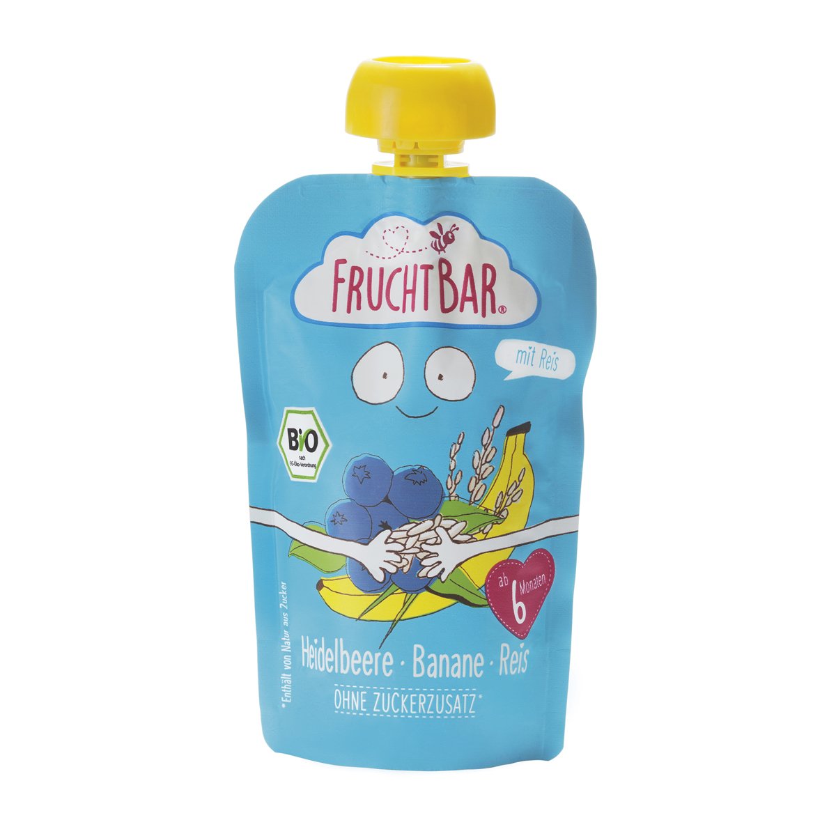 FruchtBar Bio Fruchtpüree Heidelbeere, Banane, Reis, im Quetschbeutel, 8x100g