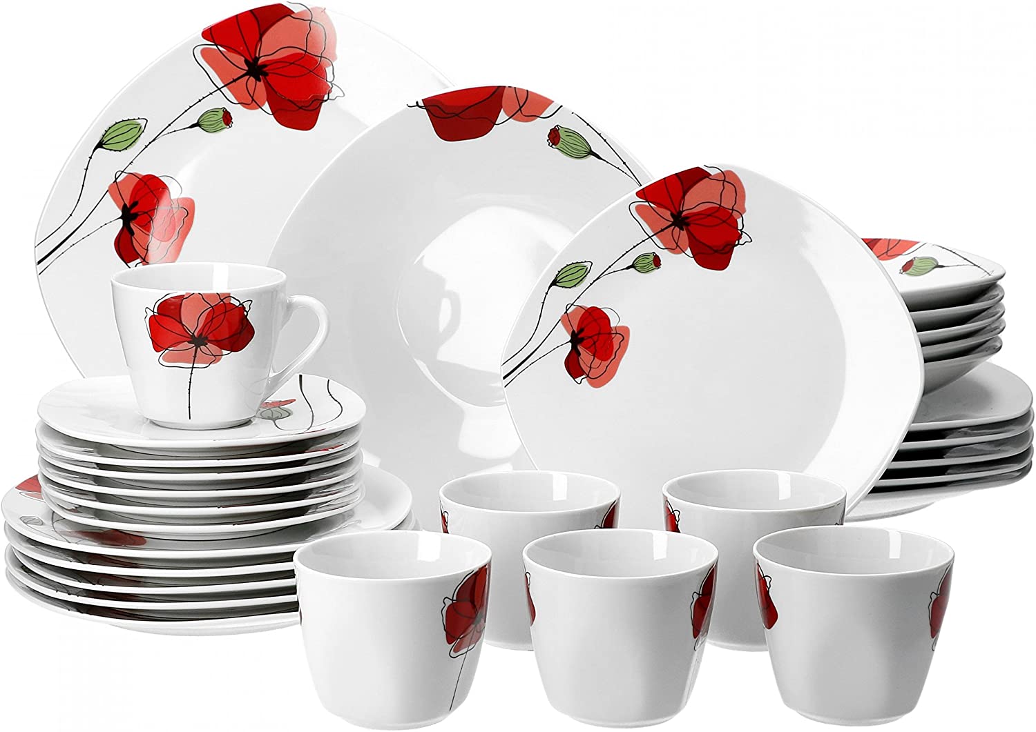 Van Well Monika 30-Piece Crockery Set for 6 People Fine Branded Porcelain Flower Design Dinner Service Coffee Service Crockery Accessories