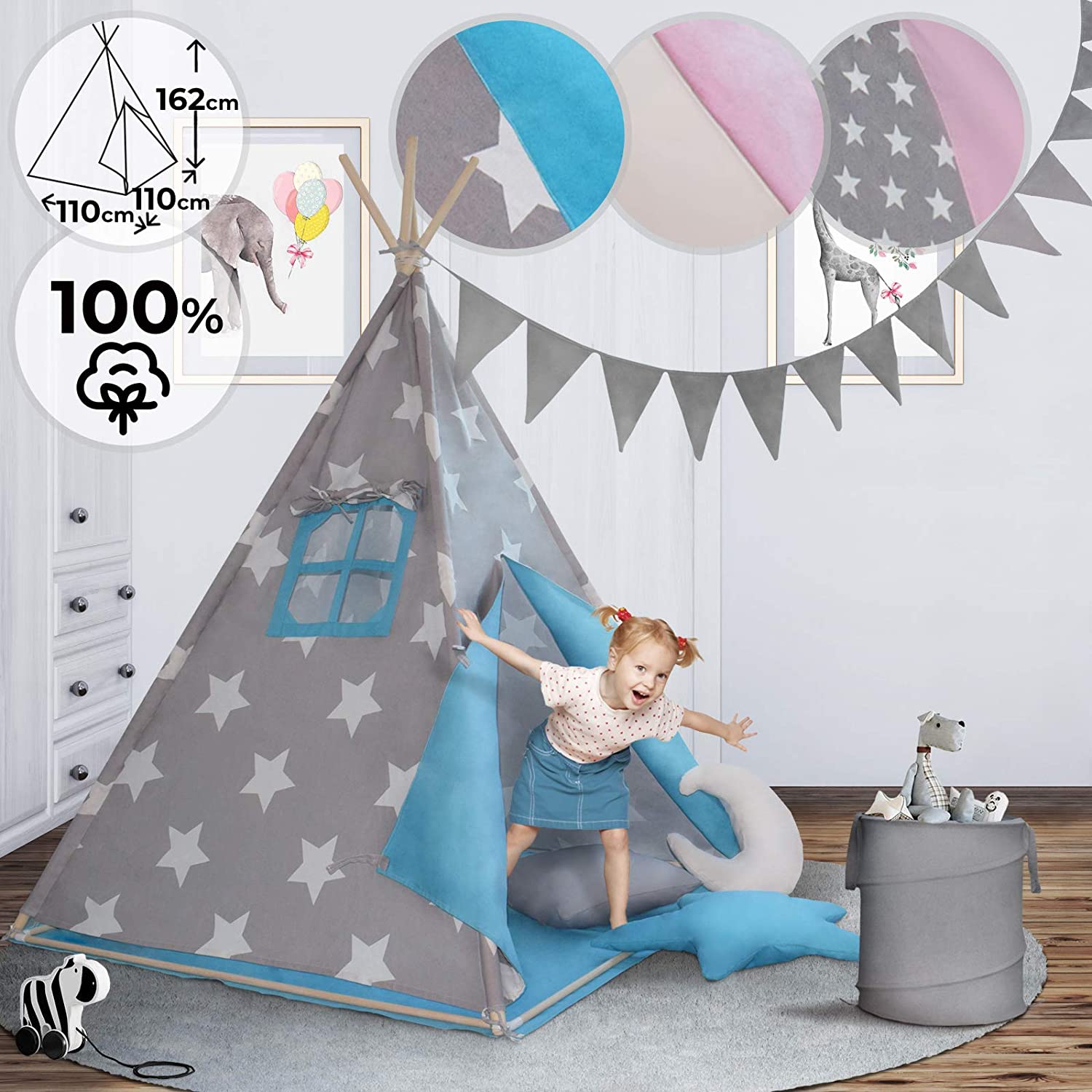 Teepee Play Tent for Children – with or Without Accessories, 100% Cotton, D