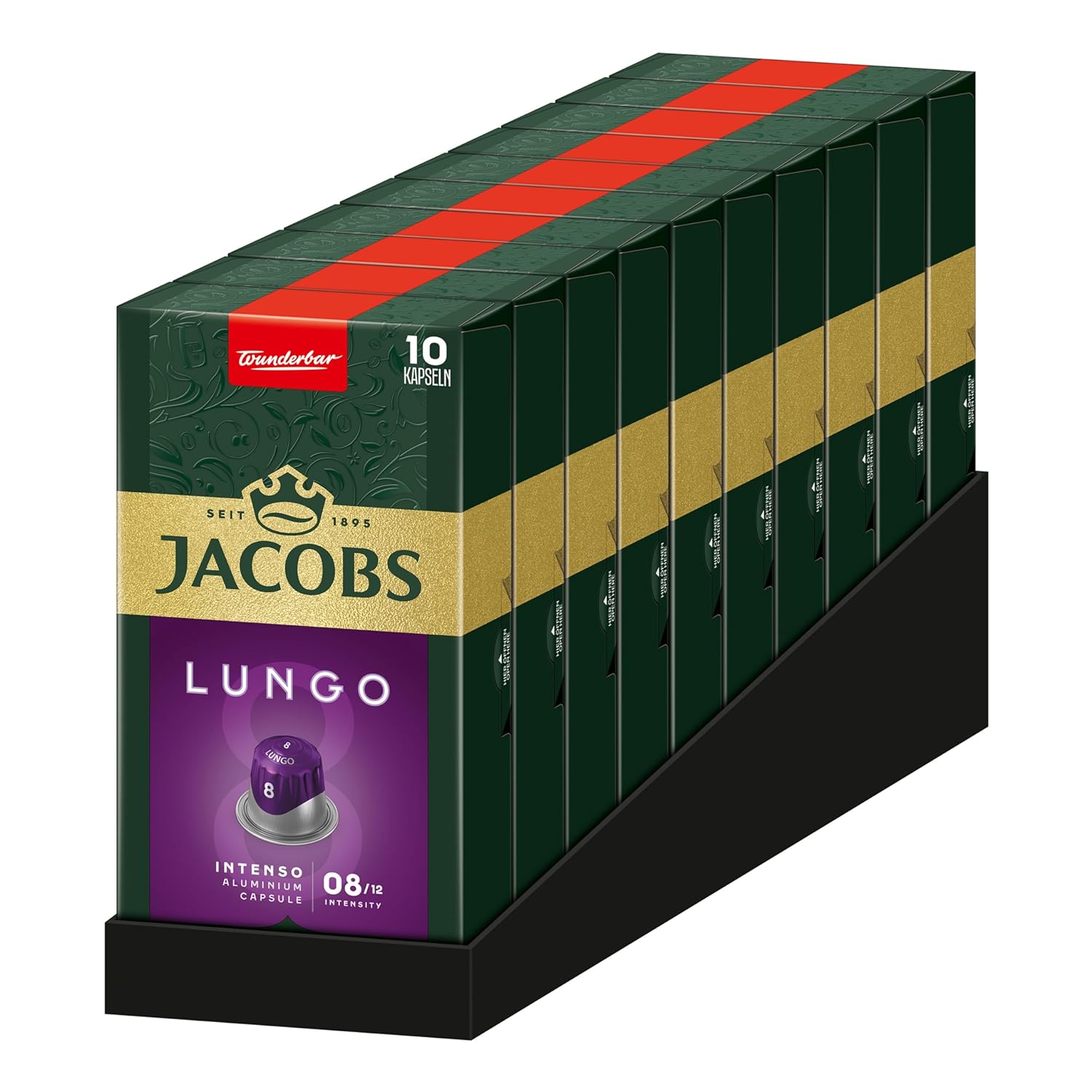 Jacobs Lungo Intenso Capsules, Intensity 8, 100 Nespresso®* Compatible Coffee Capsules, Pack of 10, 10 x 10 Drinks