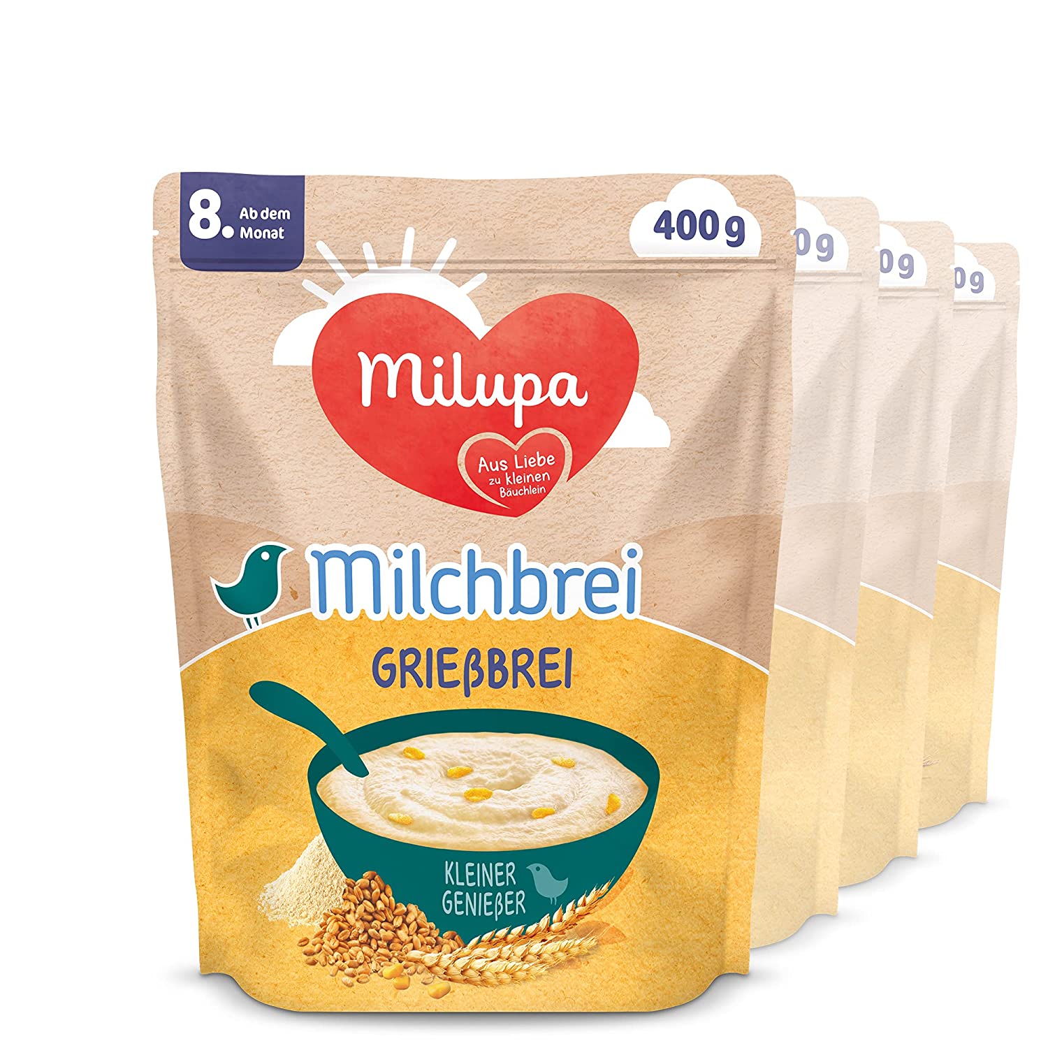 Milupa Milchbrei Grießbrei, miluvit Babybrei, Babynahrung ab dem 8. Monat (4 x 400 g)