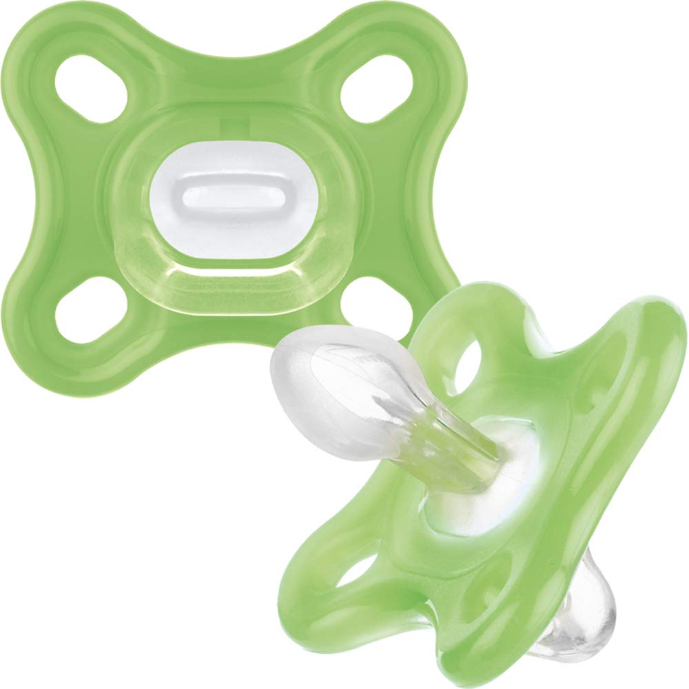 MAM Comfort All Silicone Pacifiers 0 Months + (2 Pack) Soft and Lightweight Newborn Premature Newborn Baby Soothers with Self-Sterilising Travel Case (Green/Yellow)