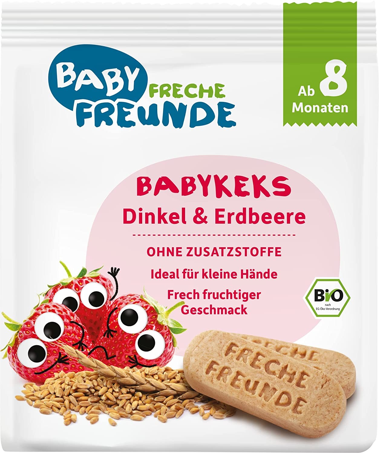 BABY FRECHE FREUNDE Bio Babykekse Dinkel-Erdbeere, für Babys ab 8 Monaten, ohne Zuckerzusatz, vegan, 7er Pack (7 x 100g)