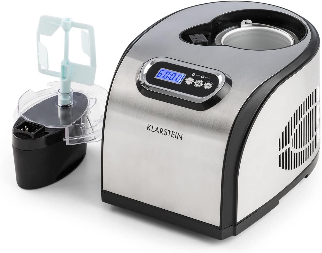 Klarstein Sweet Dreams Ice Cream Maker, Ice Cream Maker, Frozen Yogurt Compressor, Ice and Yoghurt Specialities, 1.5 L, Timer, Remaining Working Time Display, Includes Ice Ladle and Measuring Cup, Silver