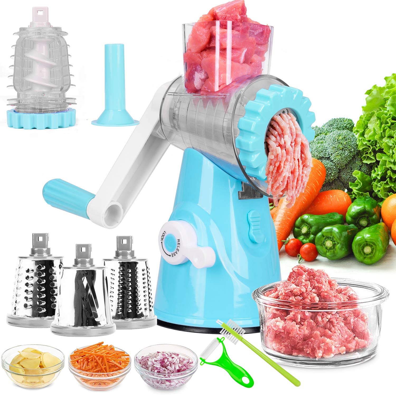 Bswalf Meat Mincer, Rotary Cheese Grater, Kitchen Multifunctional Meat Grinder with Strong Suction Base, 4 Interchangeable Blades for Ground Meat, Sausage, Vegetable Fruit Slice, Shreds, Nut Grinding (Blue)