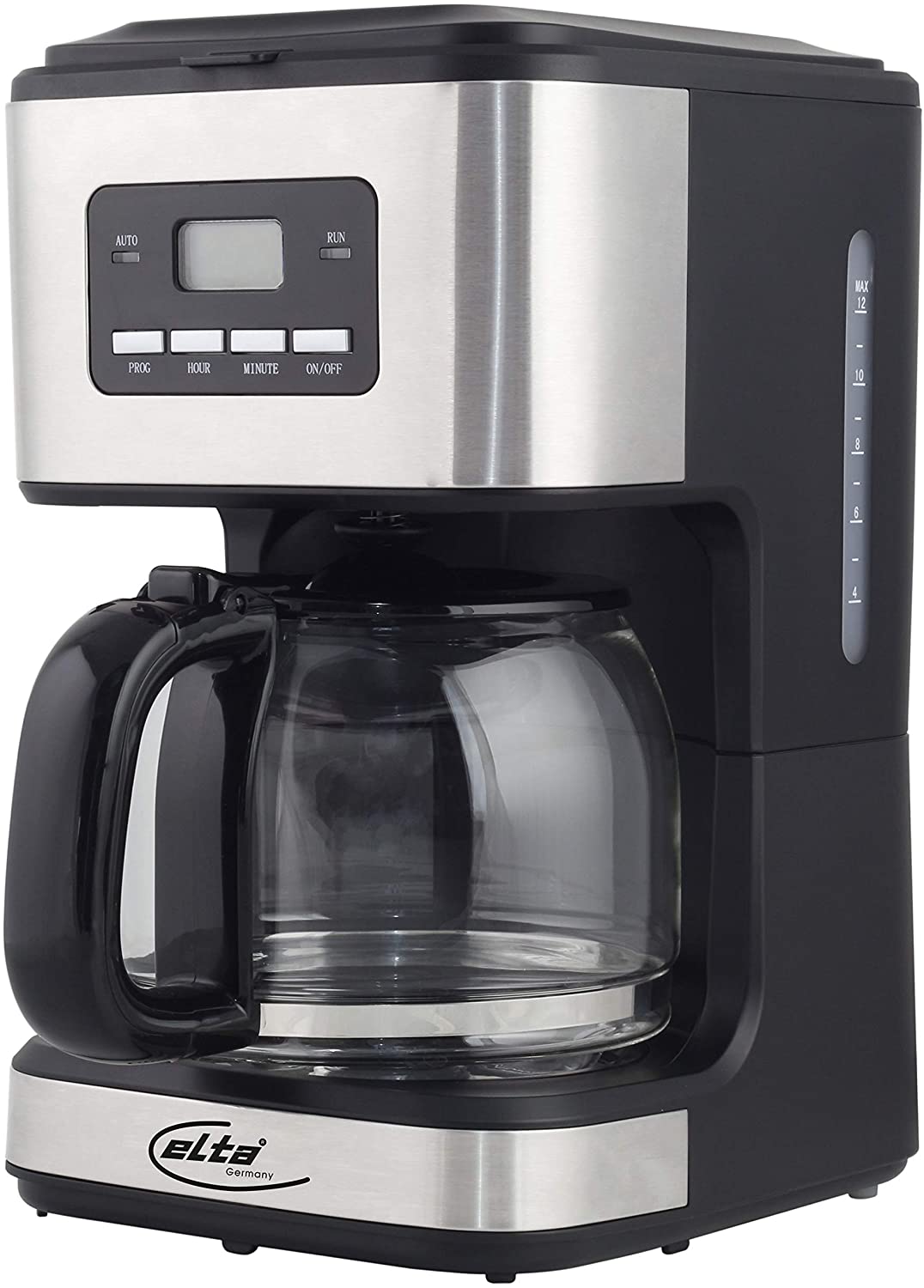 elta Germany Elta Silver Line KM-900.15TS Coffee Machine 900 Watts 1.5 L Glass Jug Timer and Preset Function Stainless Steel Look 14 Cups Warming Function