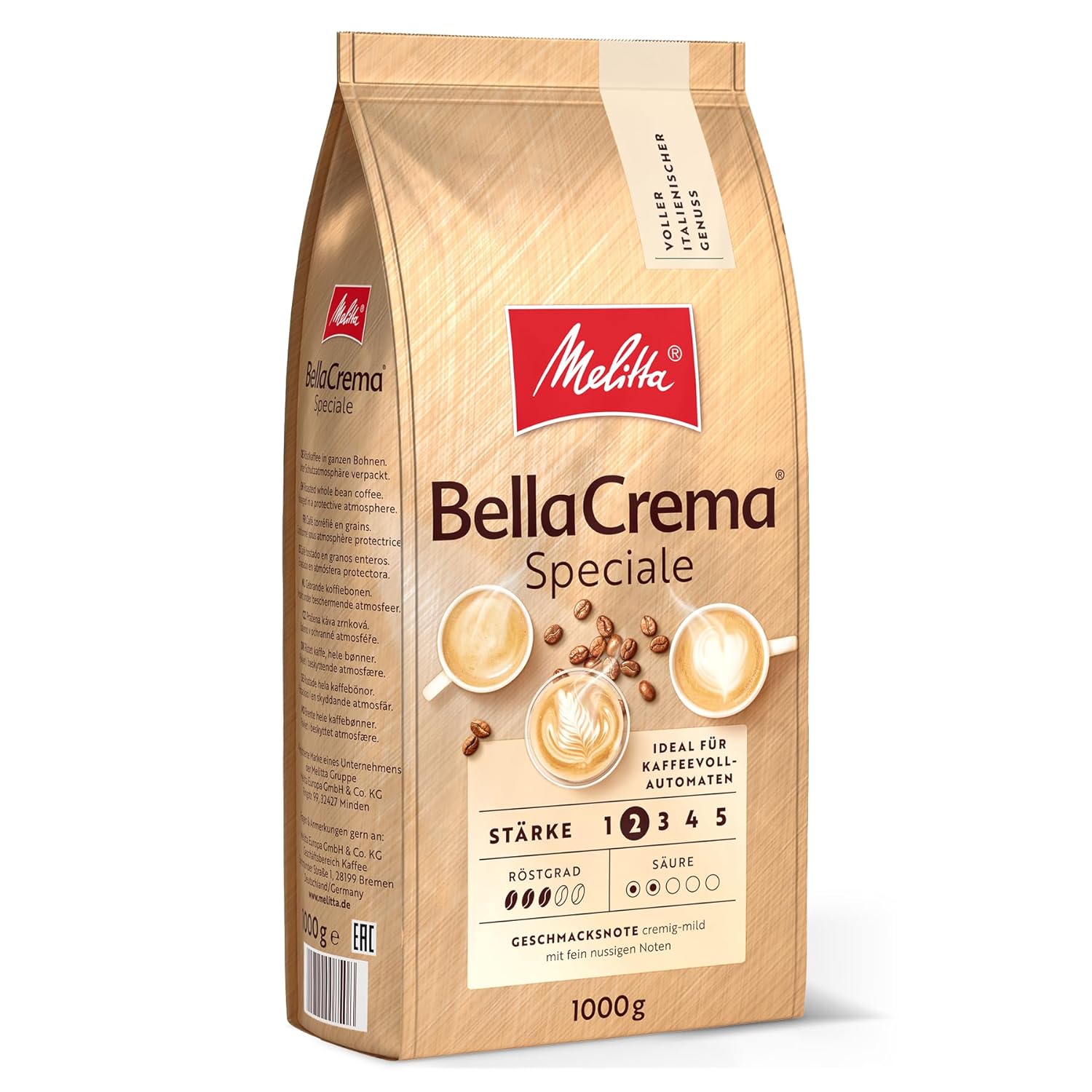 Melitta Bellacrema Speciale Whole Coffee Beans 1 kg, Unzround, Coffee Beans for Fully Automatic Coffee Machine, Medium Roasting, Roasted in Germany, Strength 2