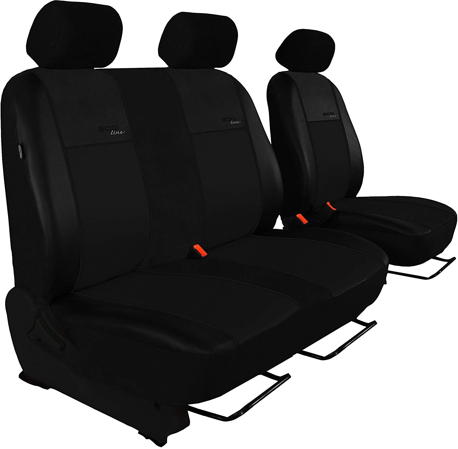 Custom Fit Seat Cover for T5 Transporter Driver\'s Seat + 2 Passenger Bench Design Eco-Line. It has a black Slat