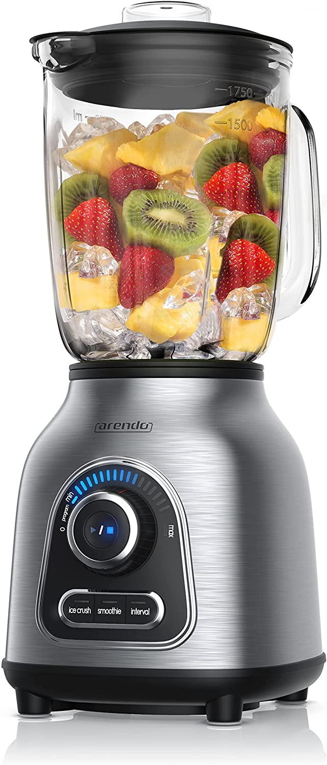 Arendo - blender, stainless steel, 1400 Watt, 24,000 rpm, incl. 1.75 l glass container + 60 ml measuring jug. Ball-bearing stainless steel blade (6 wings), crush, smoothie, pulse functions, 30 power levels