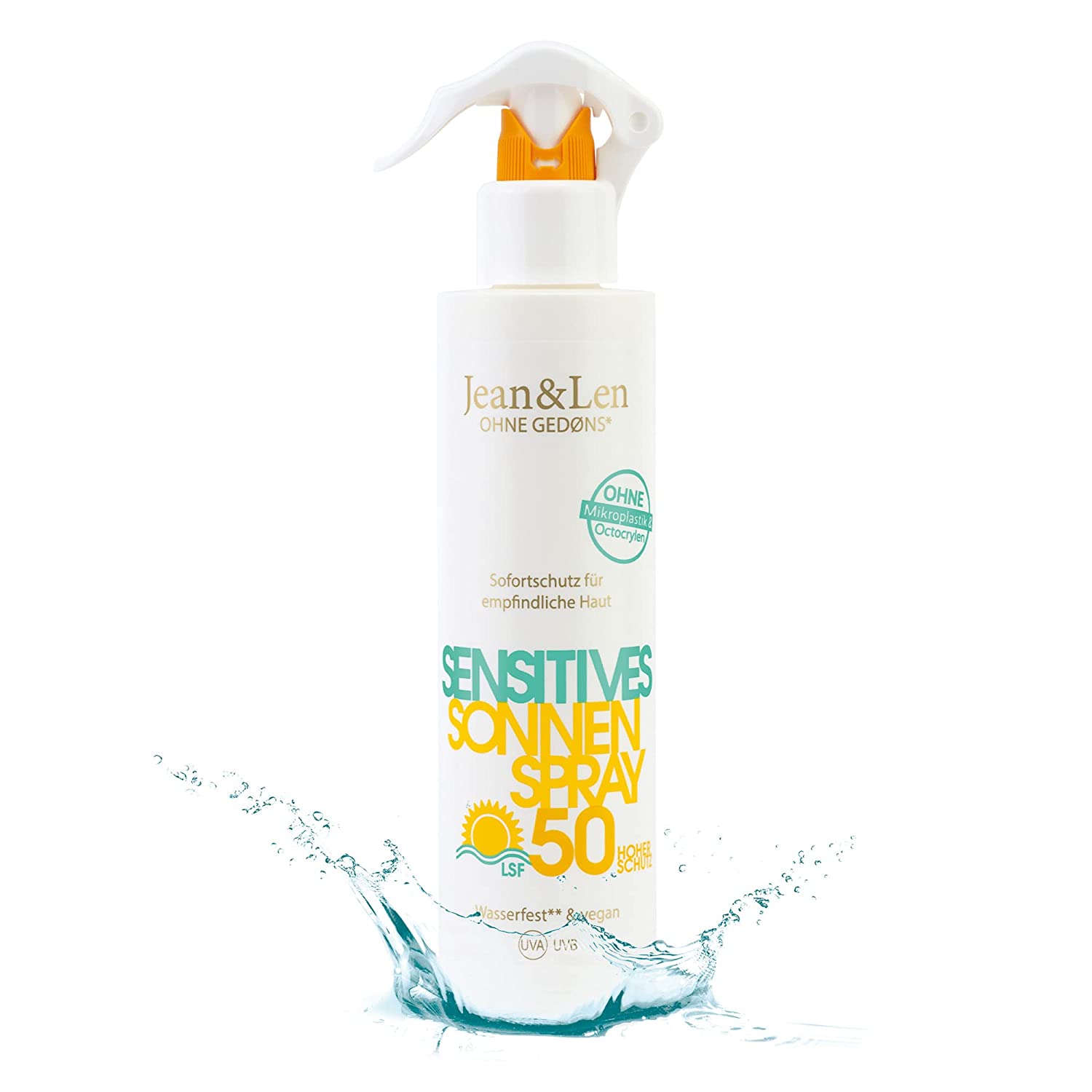 Jean & Len Sensitive Sun Spray 50 SPF Waterproof, High Instant Protection for Sensitive Skin & Sun Allergy Prone Skin Sun Protection without Silicone & Nano Particles, Vegan, Spray Bottle 250 ml, ‎white