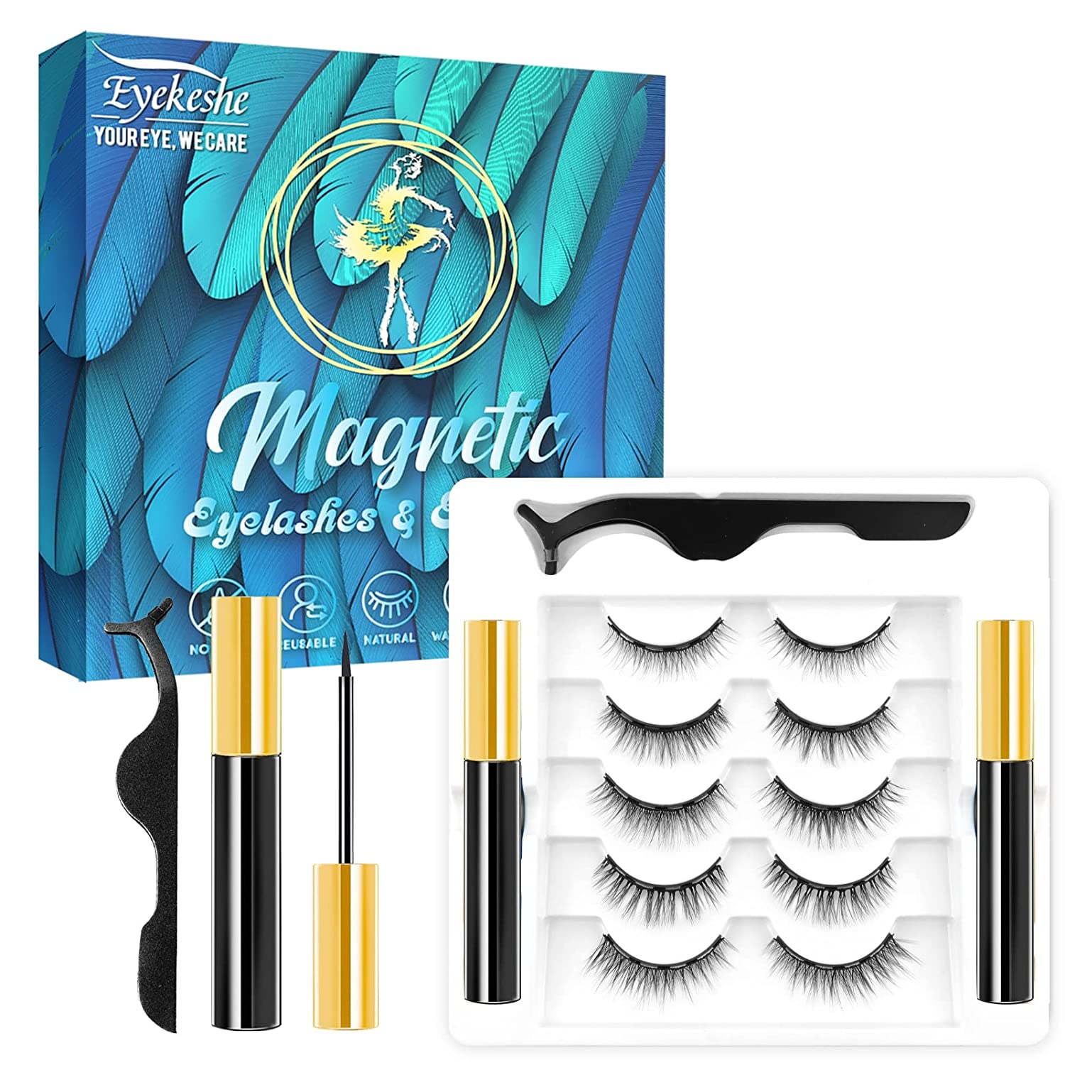 EYEKESHE Natural Magnetic Eyelashes with Eyeliner Kit, 5 Pairs of Improved 