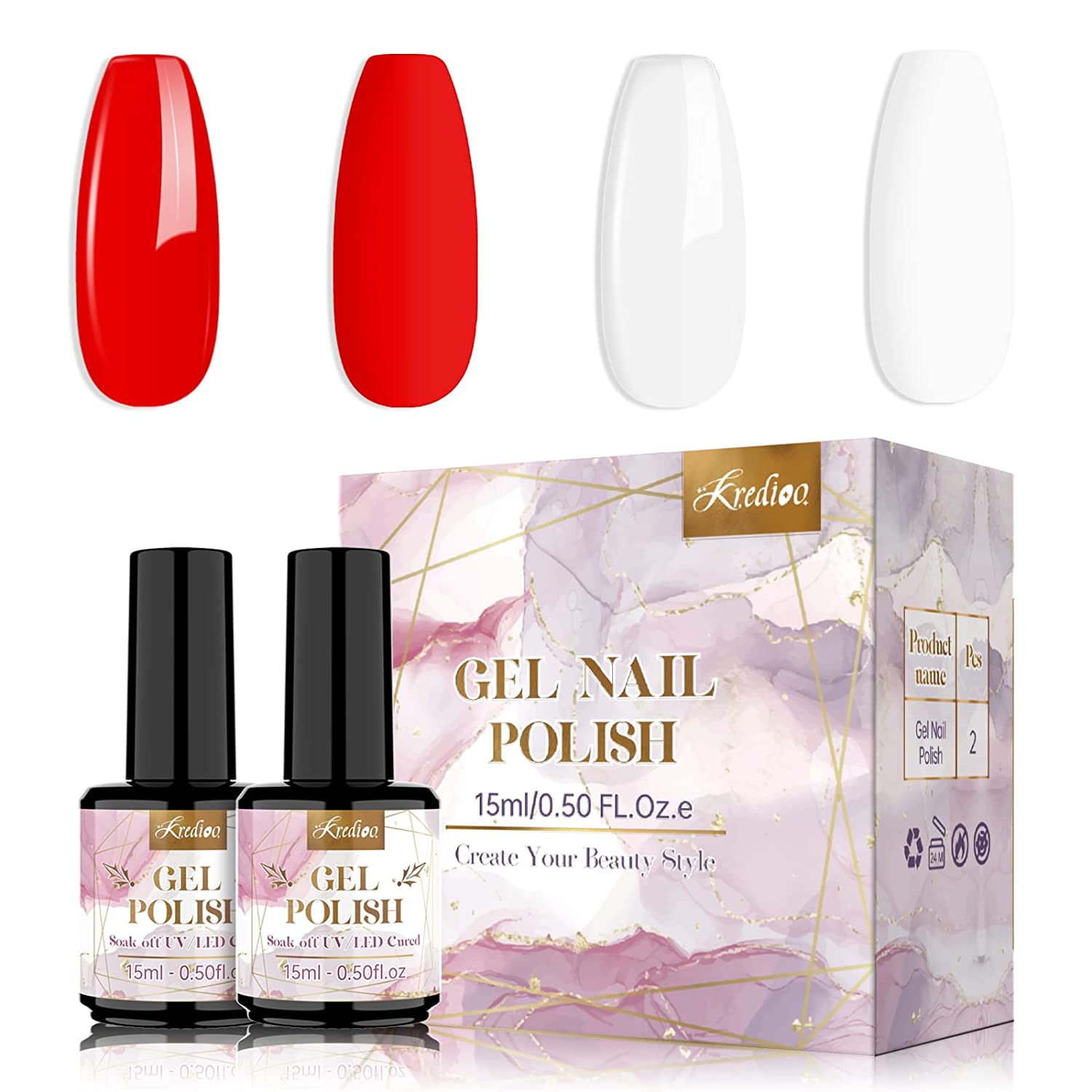 Kredioo Gel Nail Polish, 2 Pieces UV Nail Polish Set White and Red Shellac Nail Polish Colours Long-Lasting Gel Nails Set for Nail Studio Design DIY Home 15 ml, ‎red-and-white