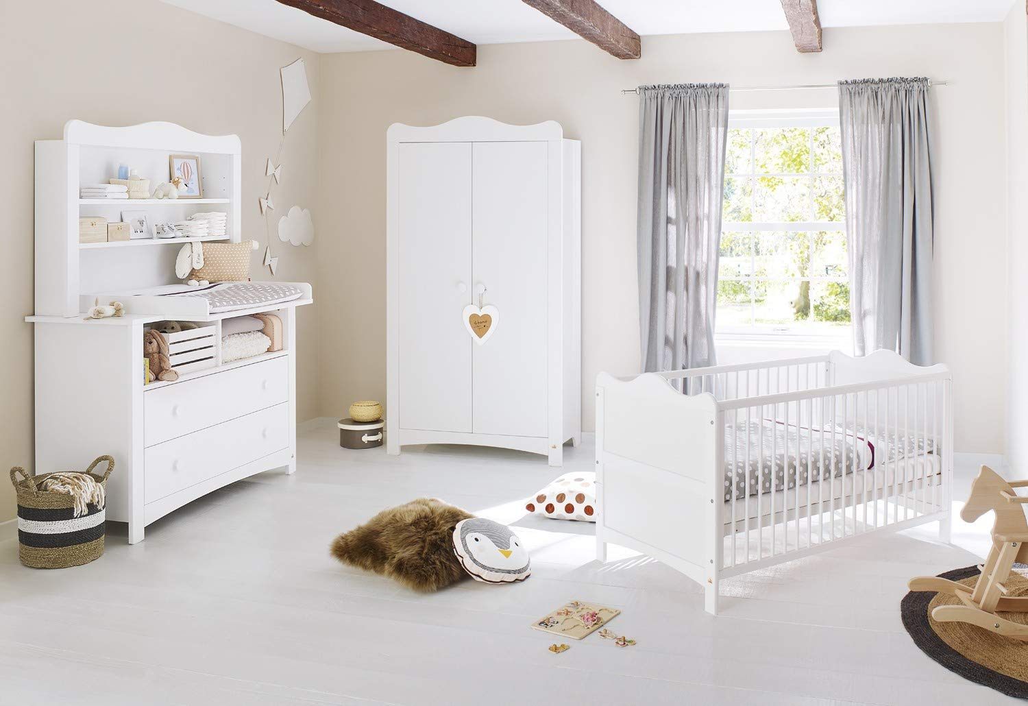 Pinolino Florentina Cot Bed with Slatted Frame and Changing Table Including Changing Unit and Shelf Attachment for Babies and Toddlers White Décor