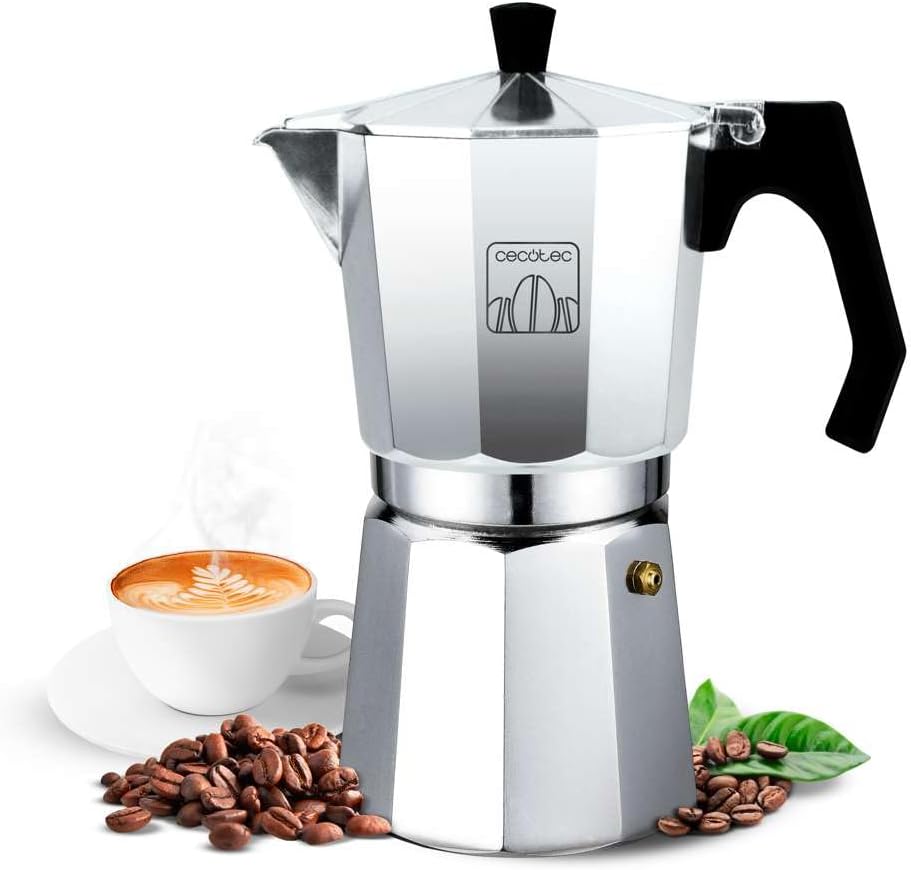 Cecotec Mokclassic 300 Italian Coffee Pot Glossy Aluminum for the Whole Kitchen 3 Cups Coffee Joint Silicone Mango Ergonomic Stainless Stainless Stainless Steel