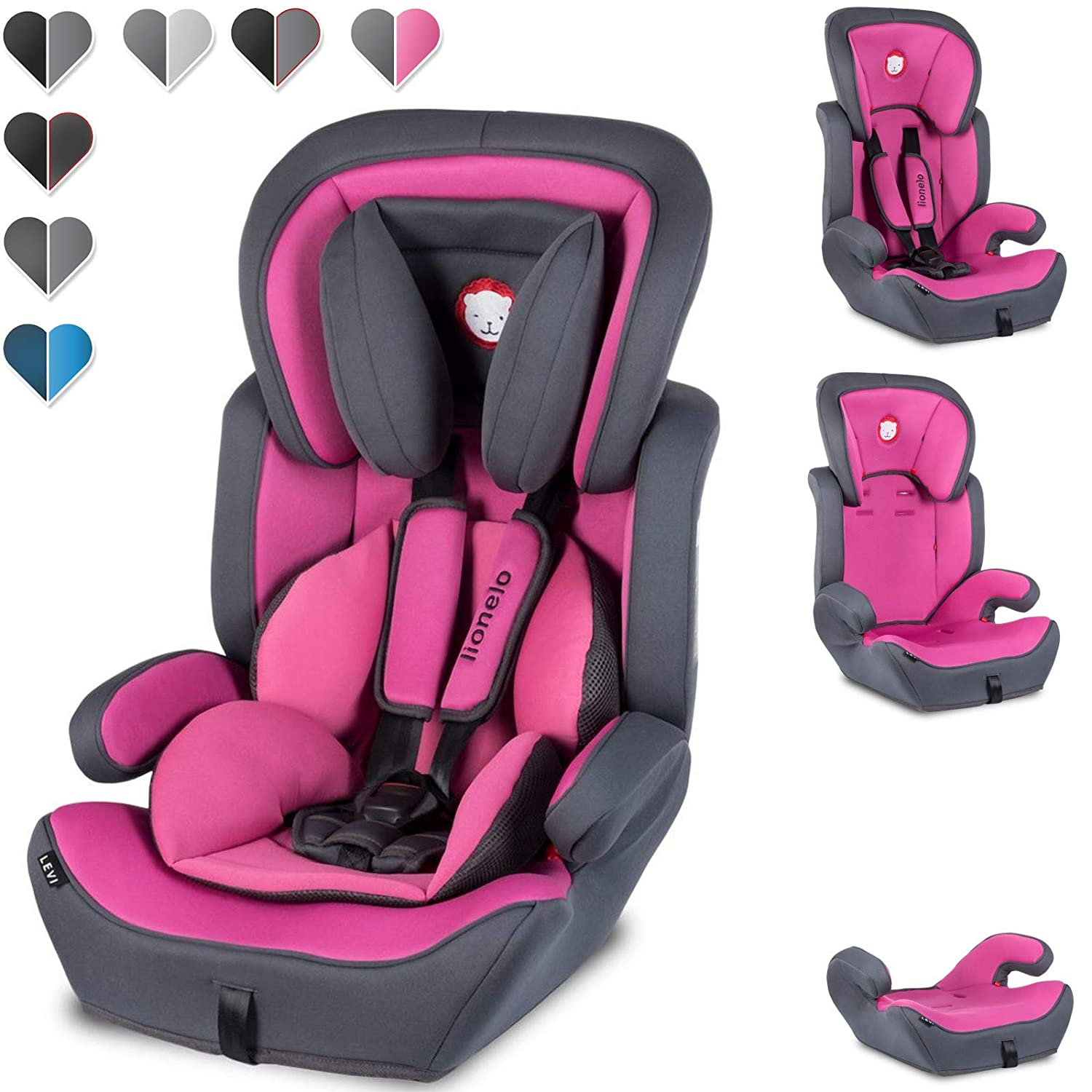 Lionelo Levi Plus Child Seat 9-36 kg, Child Car Seat Group 1 2 3, Adjustable Headrest, ECE R44.04 (Pink)
