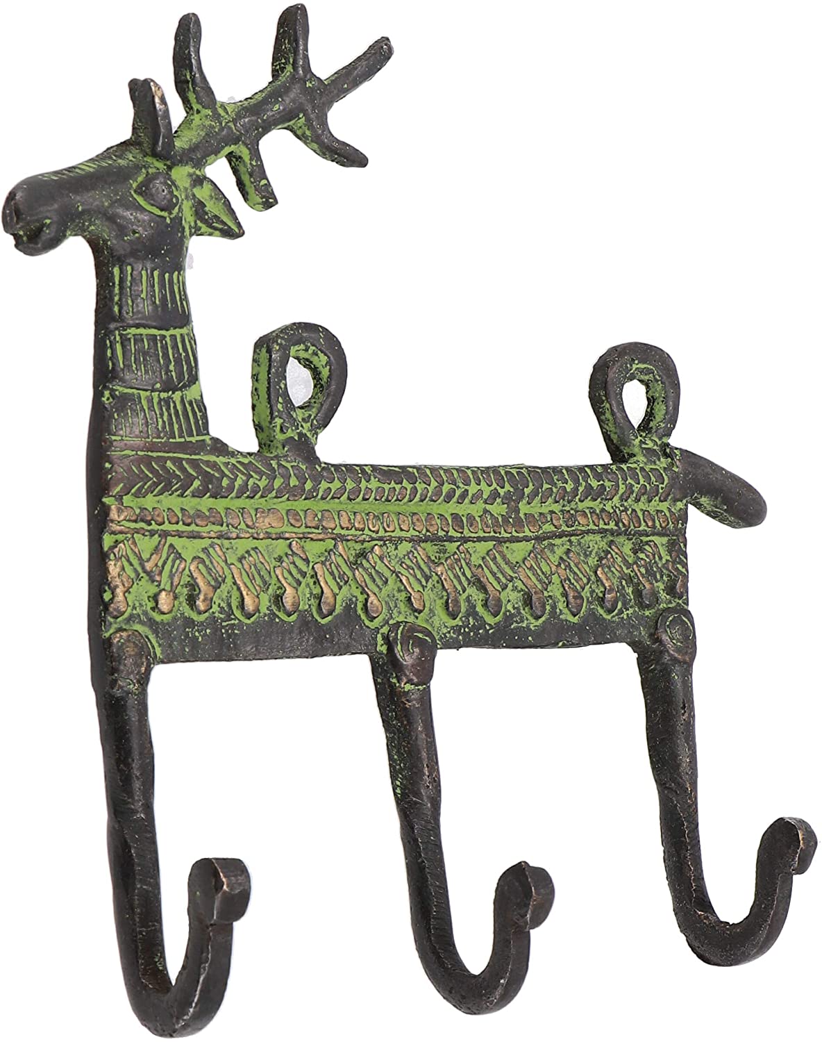 Guru-Shop GURU SHOP Filigree Decorated 3 Brass Wall Hooks, Wall Coat Rack, Key Holder with Engraving - Deer / Antique Green, 13 x 13 x 3.5 cm, Wall Hooks Made of Wood, Metal and Ceramic