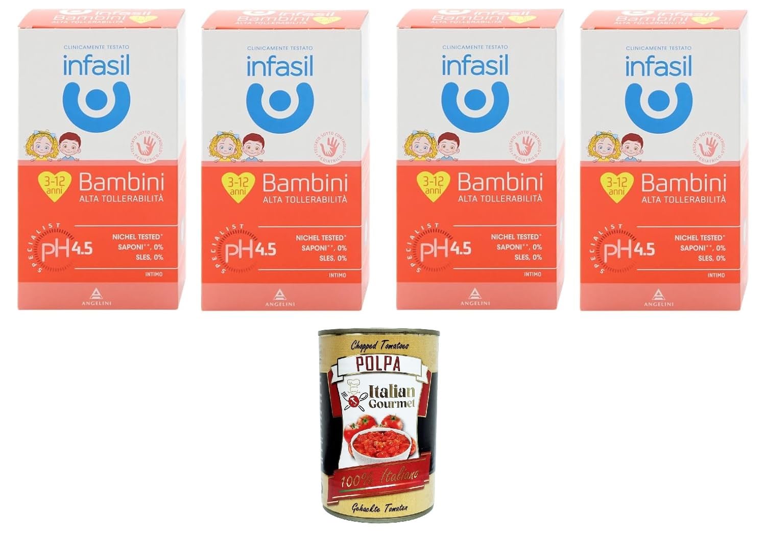 Infasil Detergente Intimo Bambini Alta Tollerabilità, intimate cleaner for children - tested under pediatric control, tested for nickel, without dyes, 4x200ml + Italian Gourmet polpa 400gr