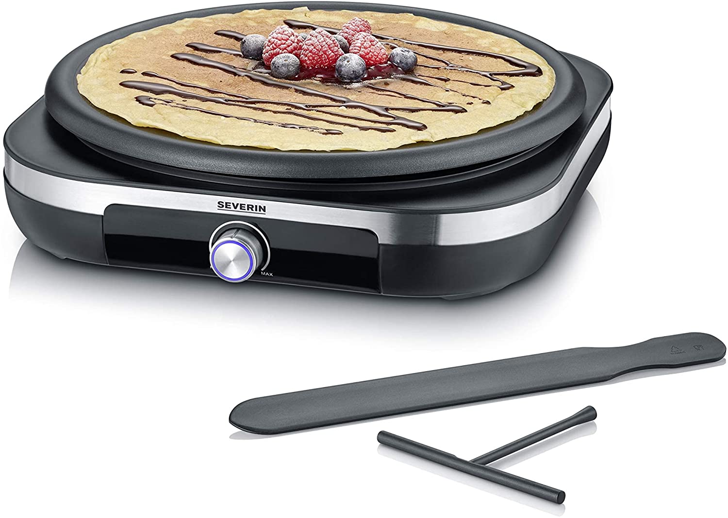 SEVERIN Crepe Maker, Crepe Iron for Sweet Crepes and Savoury Galettes, Crepes Maker with Removable XXL Grill Plate (38 cm), Approx. 1,500 W, Brushed Stainless Steel/Black, CM 2199