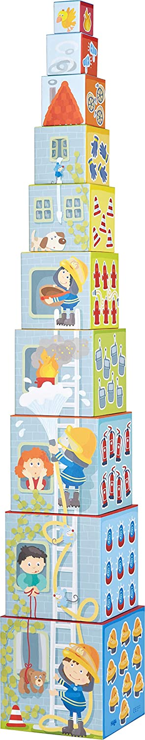 HABA 304238 - Stacking Cube Fire Brigade Tower for Stacking of 10 Cubes, Cardboard Building Blocks with Colourful Fire Brigade Motifs, Baby Toy from 12 Months