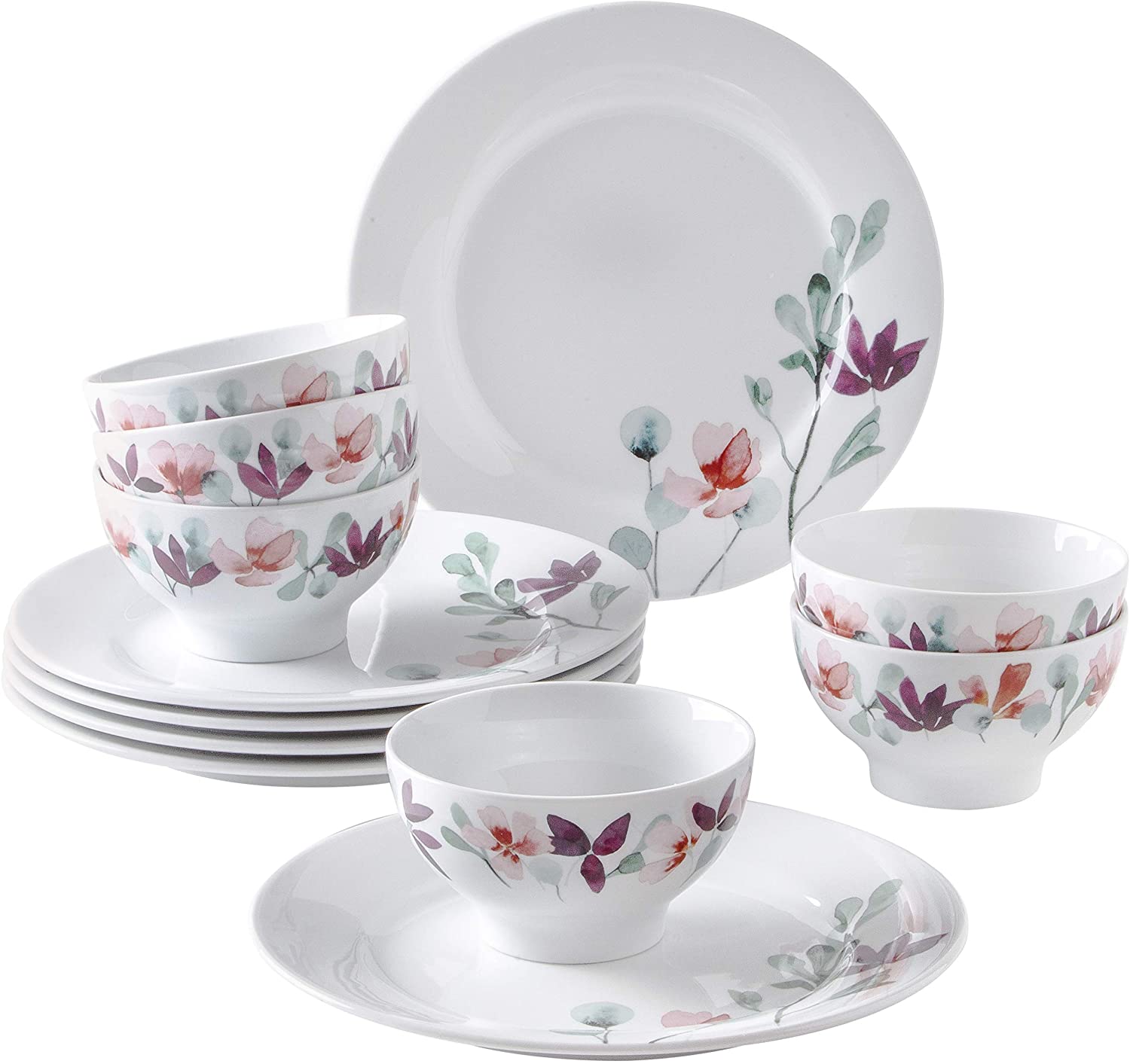 Kahla Heyday 57G237A50664C Plate Set 12 Pieces Floral Pattern for 6 People 6 Soup Bowls 6 Dinner Plates Crockery Set Porcelain Colourful with Flowers