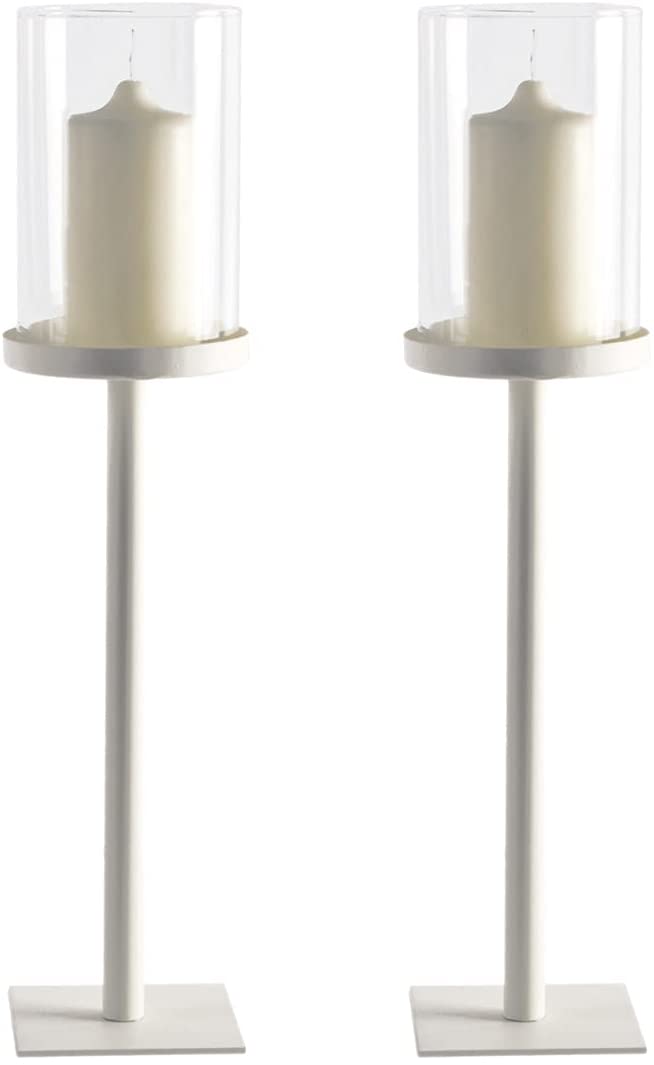 Magnus Metal Lantern with Glass Cylinder on Base Set of 2 Classic and Elegant Table Decoration Accessory for Indoor and Outdoor Use Candle Holder Also for Thick Candles Decoration for Home (H 45 cm / Diameter 10 cm - White)