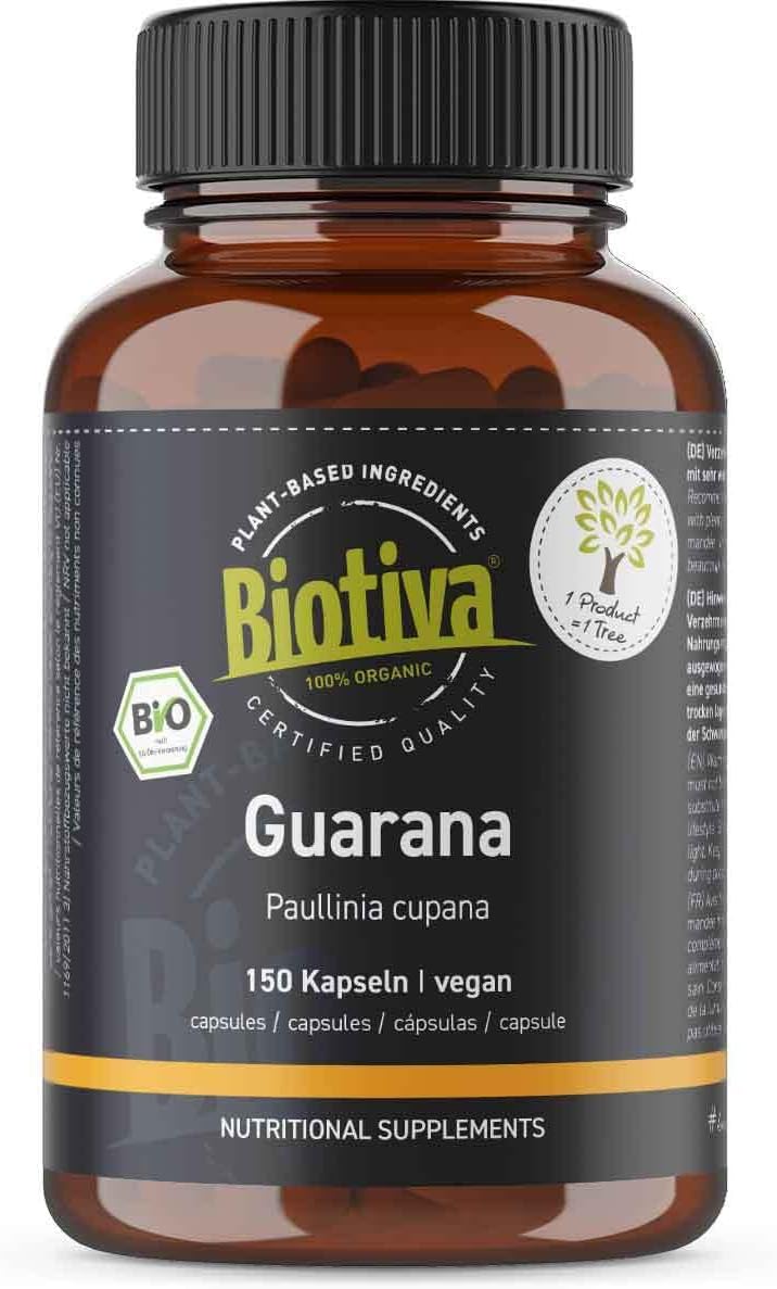 Biotiva Guarana Capsules Organic - 150 x 500 mg - Caffeine Contains Natural - Organic - No Additives - Made and Controlled in Germany (DE-ÖKO-005) - Vegan