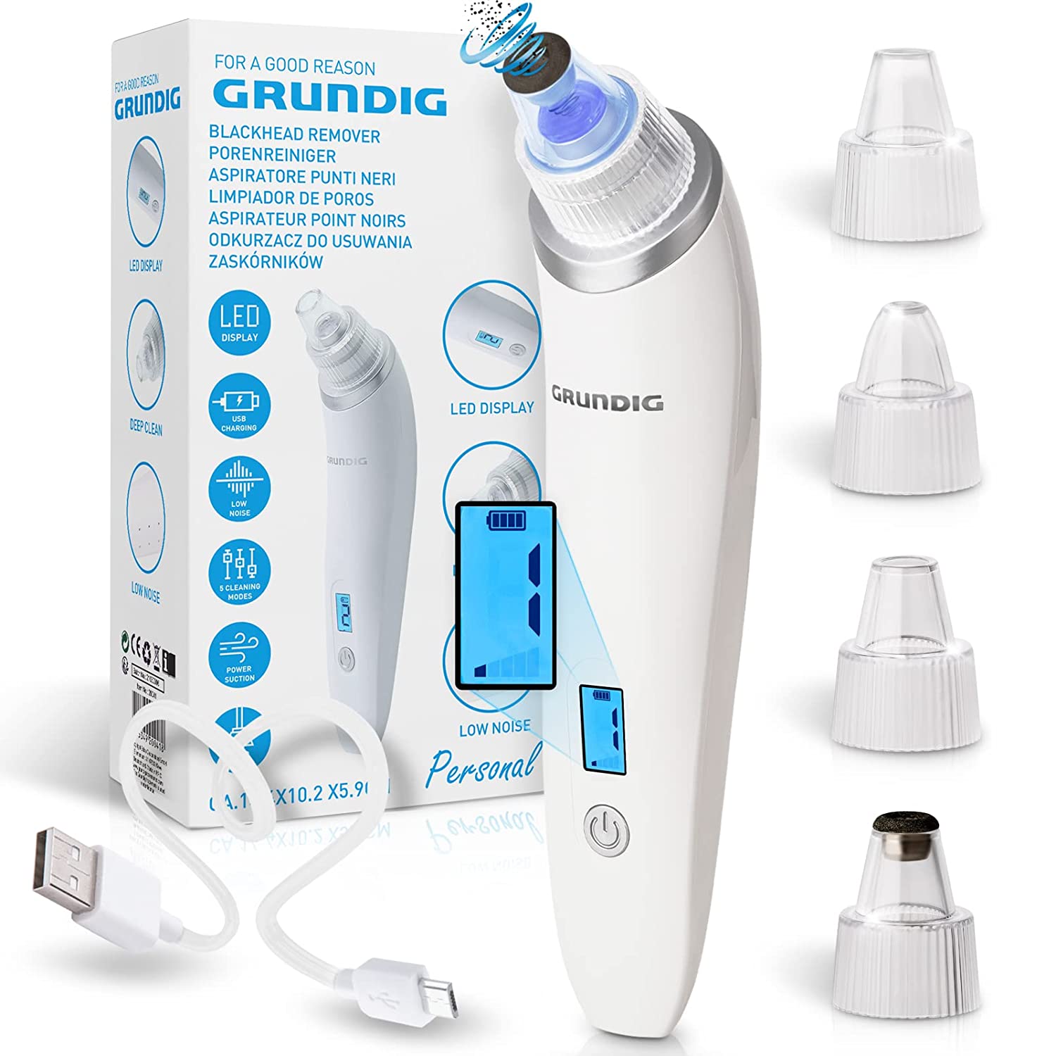 GRUNDIG Pore Cleaner, Blackhead Remover, Blackhead Removal, Battery Pore Vacuum Cleaner with 5 Action Levels, Hygiene Filter and 4 Professional Suction Care Attachments, Blackhead Remover (Device), ‎white