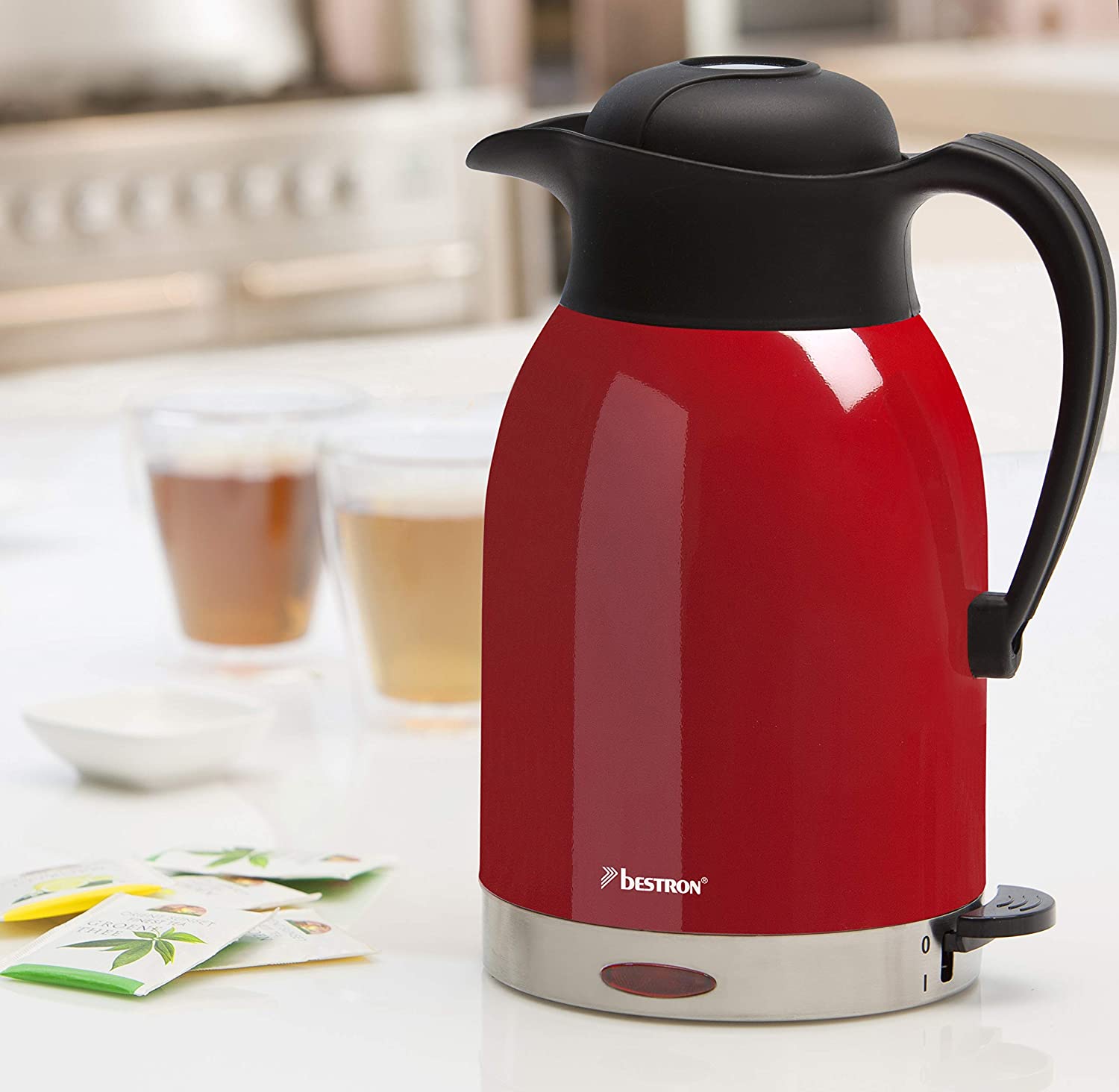 Bestron ATW1600 Thermal Electric Kettle, Cordless, 1600 W, Concealed Heating, Red/Stainless Steel