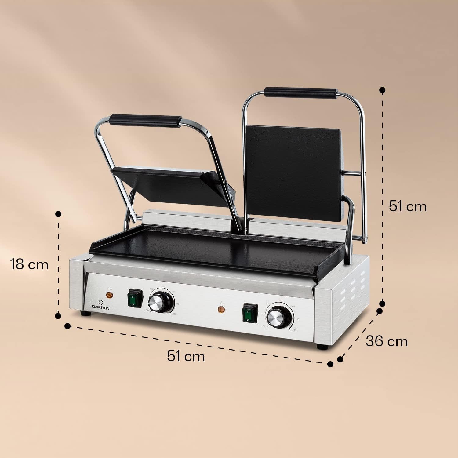 Klarstein Grillexpress Paninimaker Contact Grill - 2 x 1800 W Stainless Steel Cast Iron LED Indicator, 50 - 300 °C, 8 mm Thick Grill Surface, Metallic, Brushed Stainless Steel, Smooth Surface