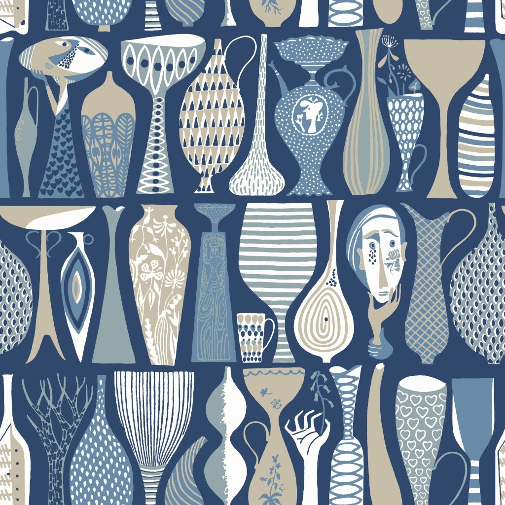 Stig Lindberg 1759 Non-Woven Wallpaper Different Vases In Beige, Blue And W