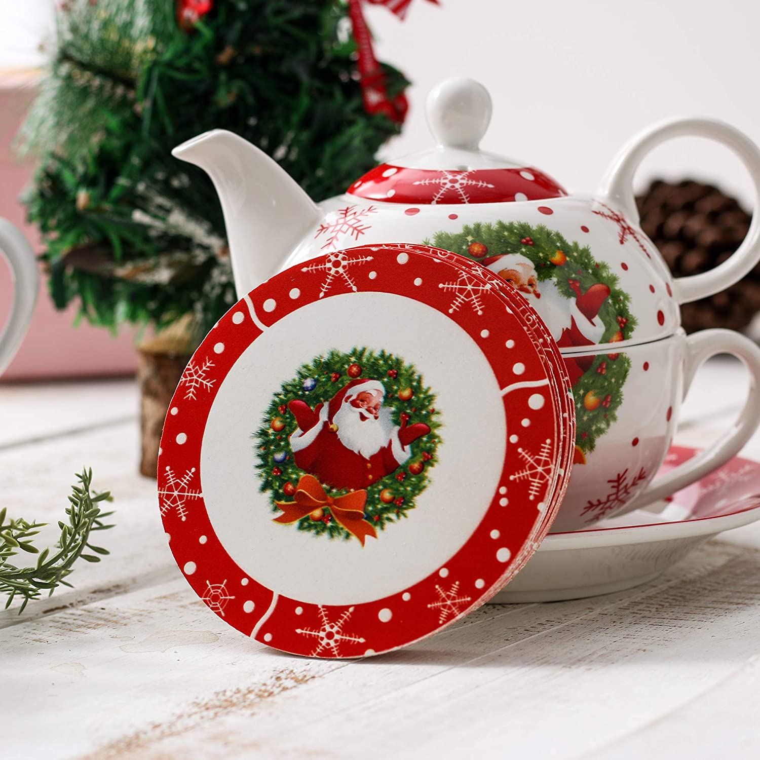 VEWEET Christmas 6 Piece Coasters, Saucers for Coffee, Tea, Beer, Wine etc. Ideal for Christmas, Cafe, Bar and Family
