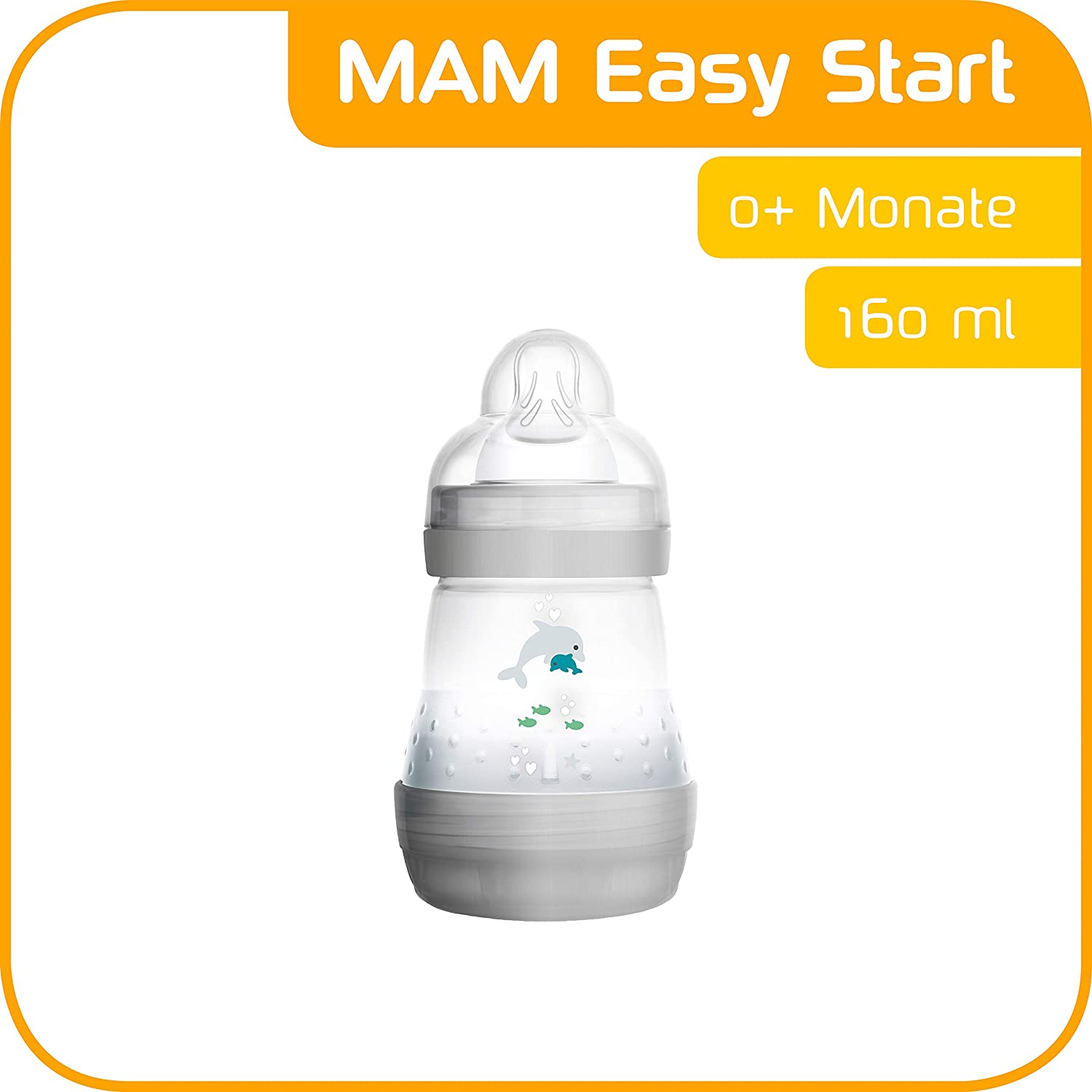 MAM Easy Start anti-colic baby bottle (160 ml), milk bottle with innovative base valve to prevent colic, baby’s drinking bottle with size 1 teat, from birth, dolphin, grey
