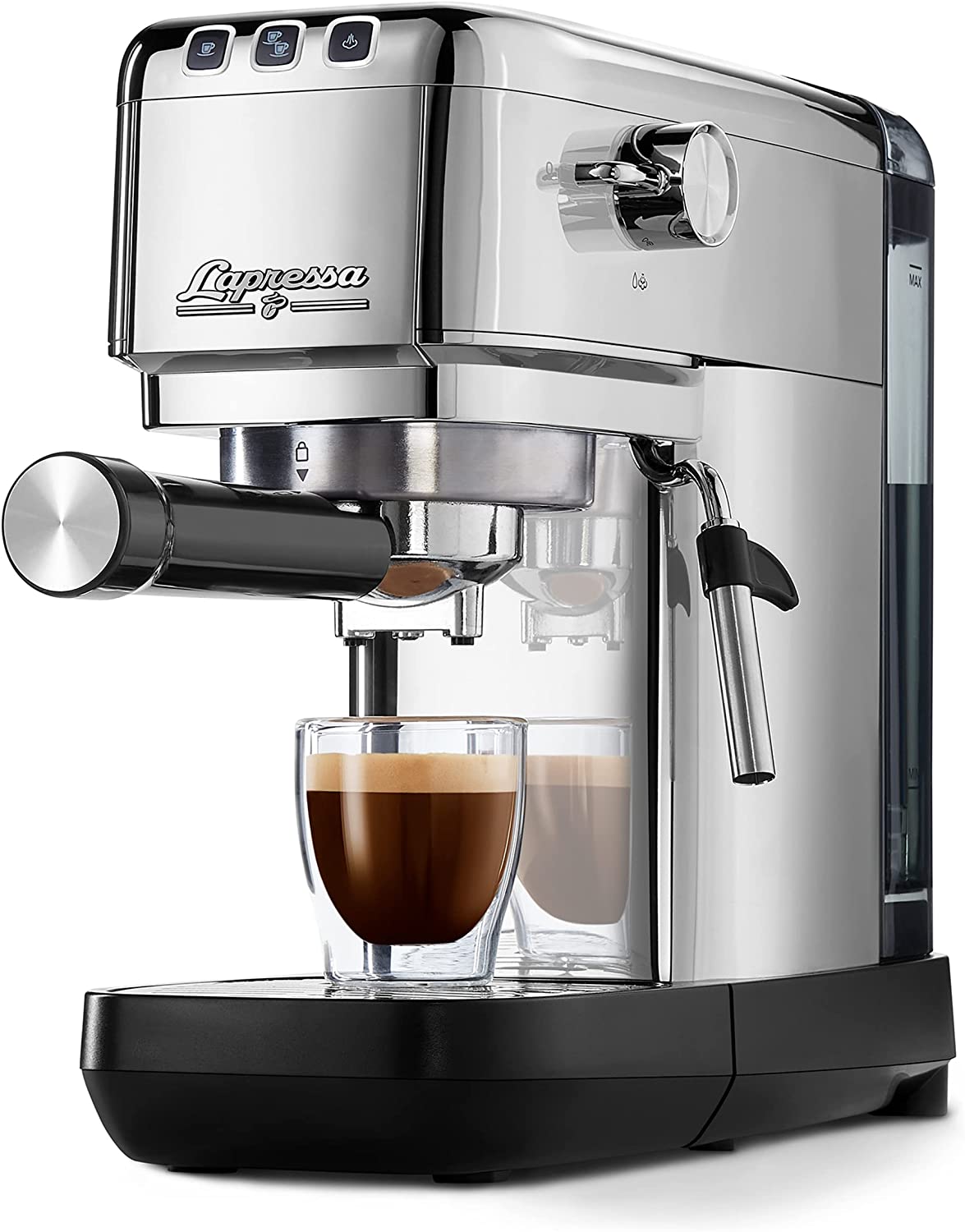 Tchibo Lapressa Filter Espresso Machine with Double Spout and Milk Frothing Nozzle (15 bar, 980 ml Water Tank), Includes Two Double-Walled Strainers, for Espresso and Milk Foam, Stainless Steel