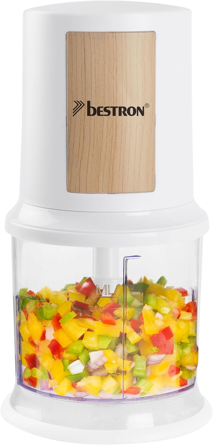 Bestron AKC200NH Nordic Home Collection Electric Multi Chopper with Two Cutting Blades & 500 ml Capacity, Large Pulse Button, 3,000 RPM, Colour: Matte White/Wood