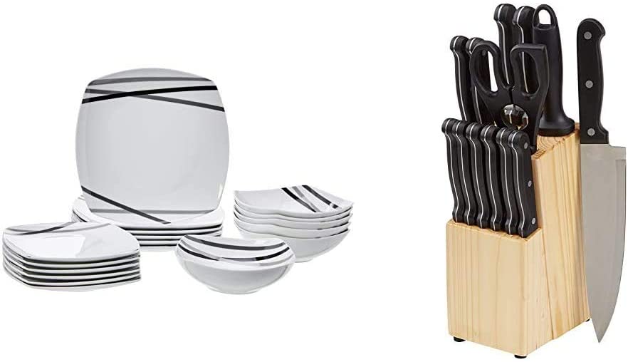 AmazonBasics basics-Tableware Service, 18 Pieces, Modern Rays, For 6 Persons