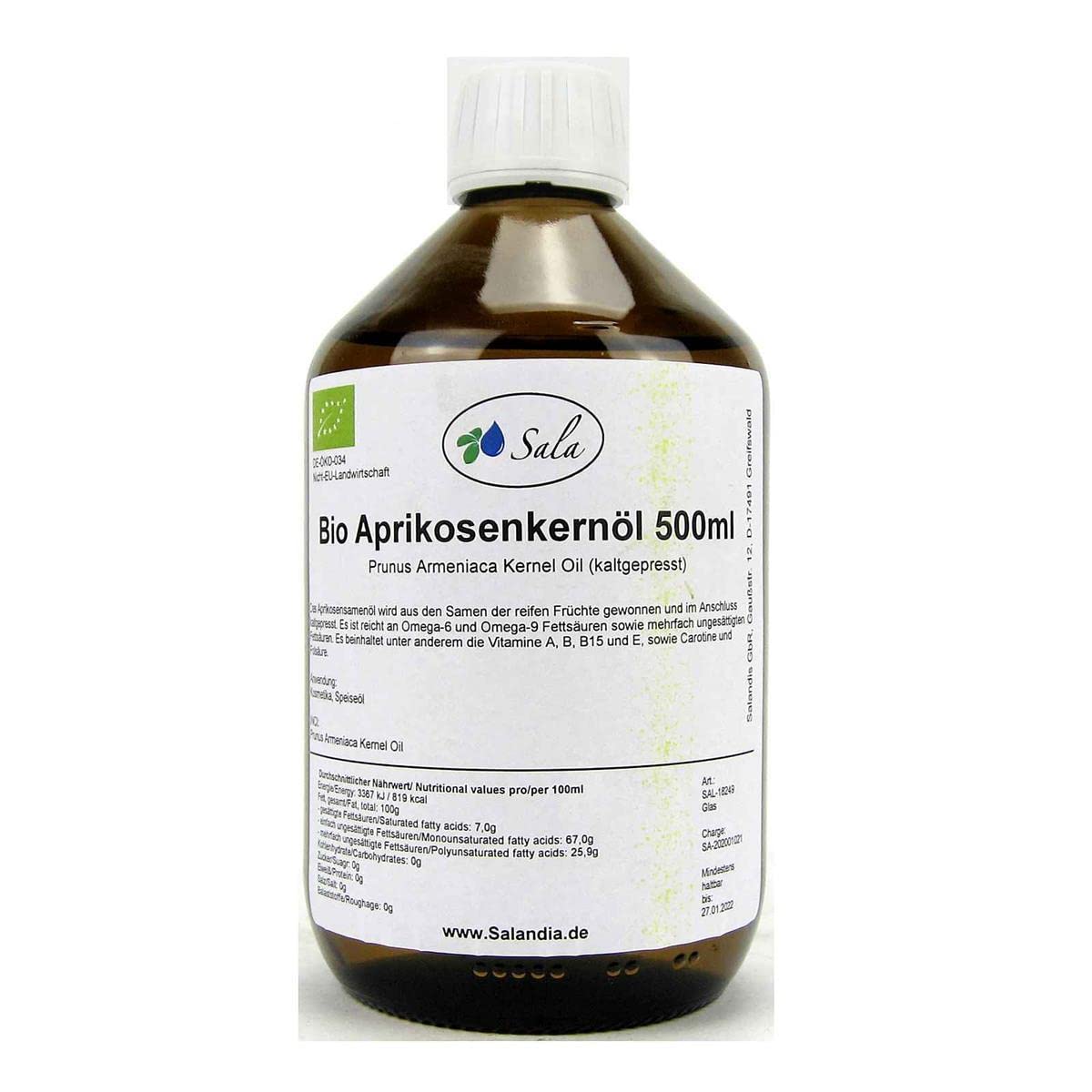 Sala Apricot Kernel Oil Prunus Armeniaca Cold Pressed Organic (500 ml Glass Bottle)