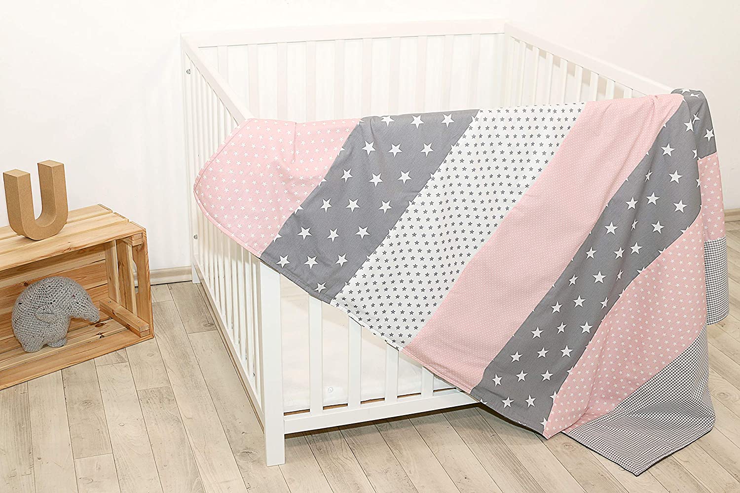 ULLENBOOM® Baby Blanket made of ÖkoTex Cotton and Fleece, Ideal as a Pram Blanket or Play Blanket, 70 x 100 cm & 100 x 140 cm and Made in the EU, Design: Stars, Dots, Patchwork 70 x 100 cm Mint grey