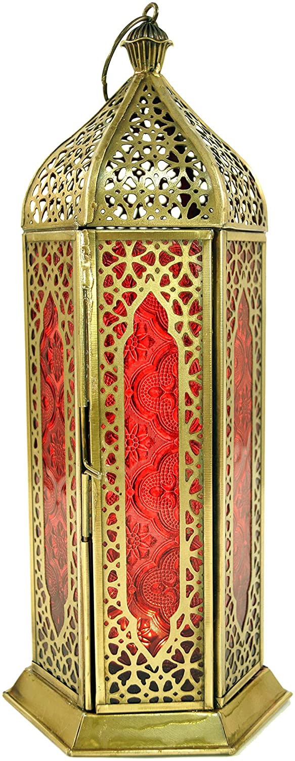 GURU SHOP Oriental Metal / Glass Lantern in Moroccan Design, Red 27 x 10.5 x 10.5 cm, Oriental Lanterns