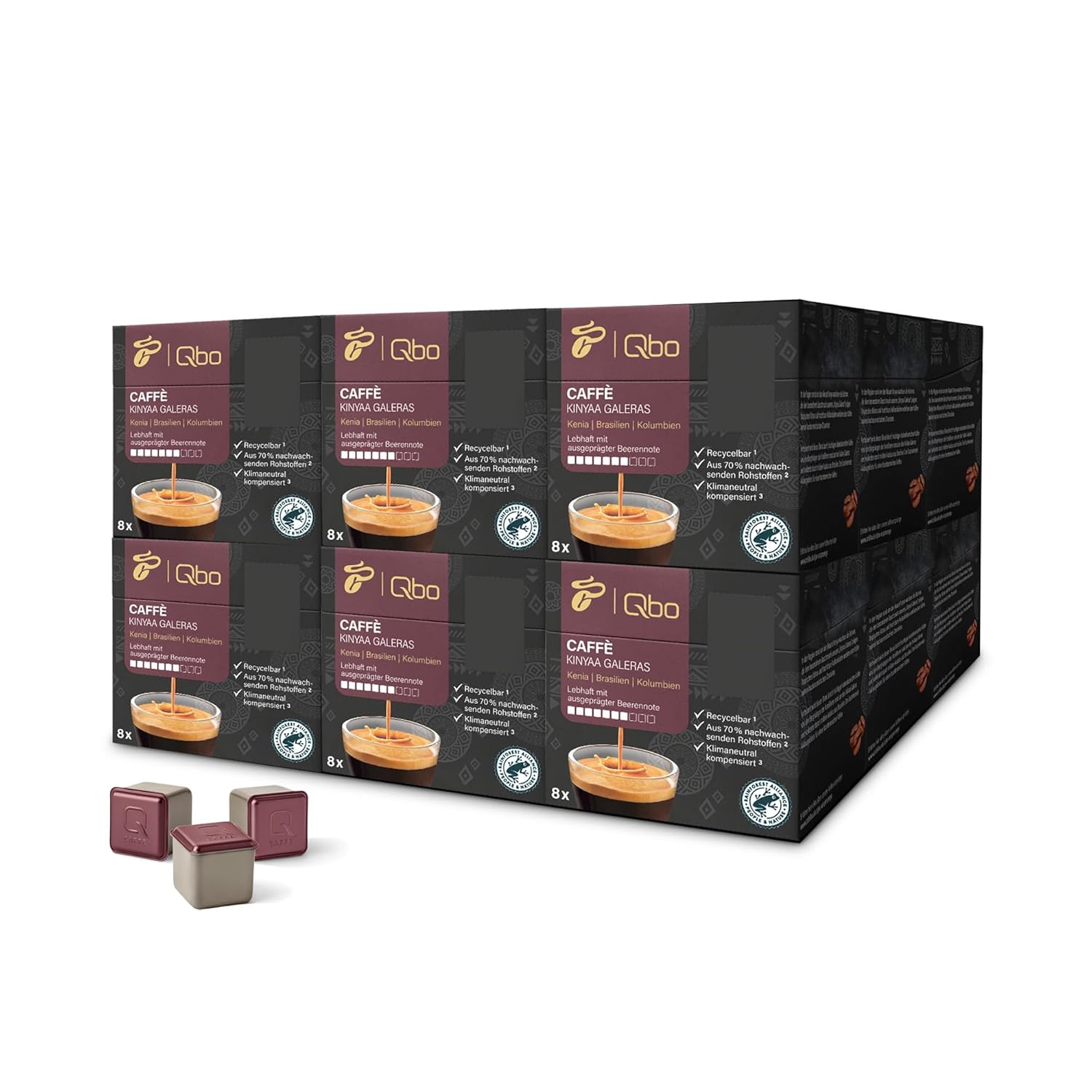 Tchibo Qbo Caffè Kinyaa Galeras Premium Coffee Capsules, Pack of 144, 18 x 8 Capsules (Caffè, Intensity 7/10, Vivid and Berry), Sustainable, Made from 70% Renewable Raw Materials and Climate Neutral